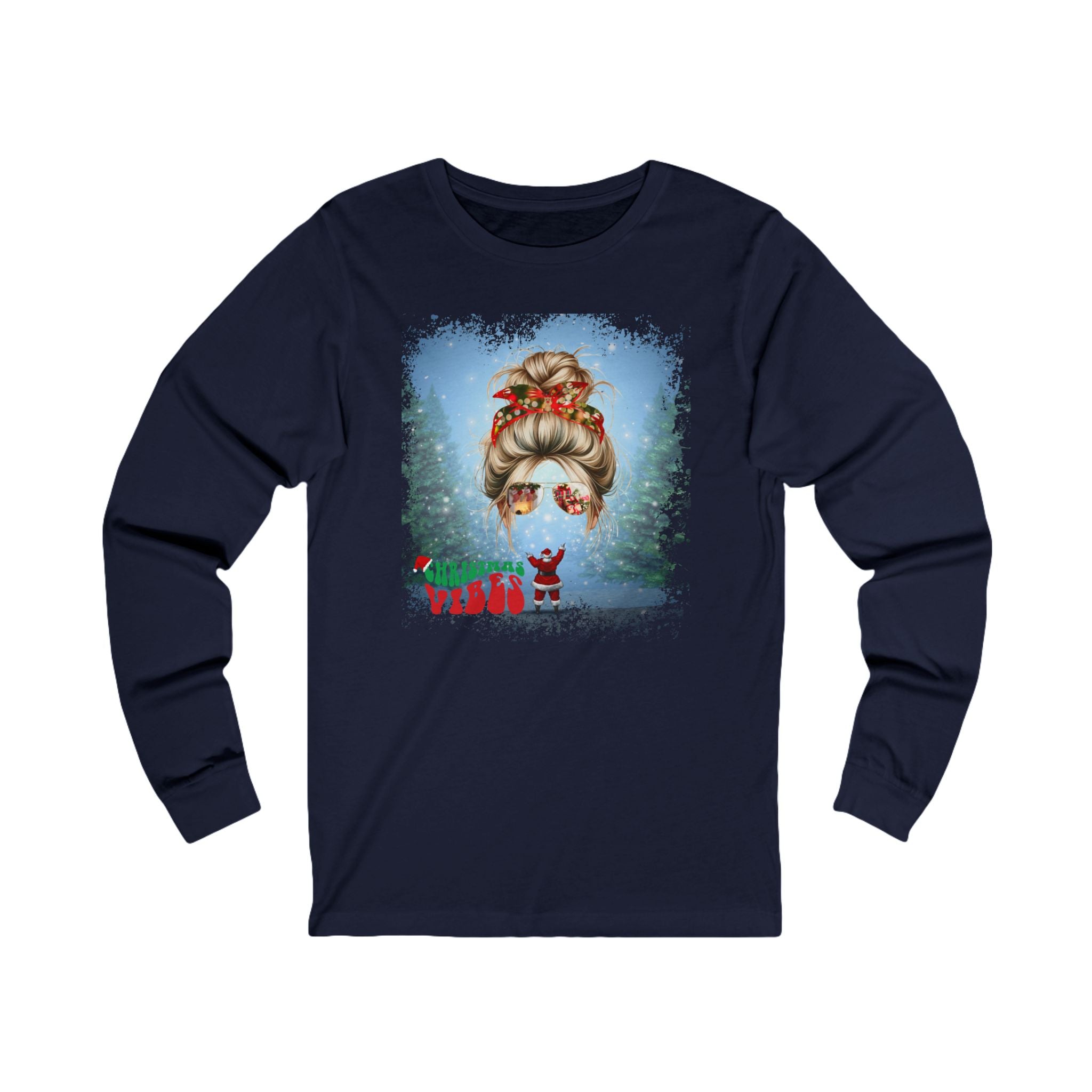 Christmas Vibes Santa, Blond Hair Messy Bun, Unisex Jersey Long Sleeve Tee