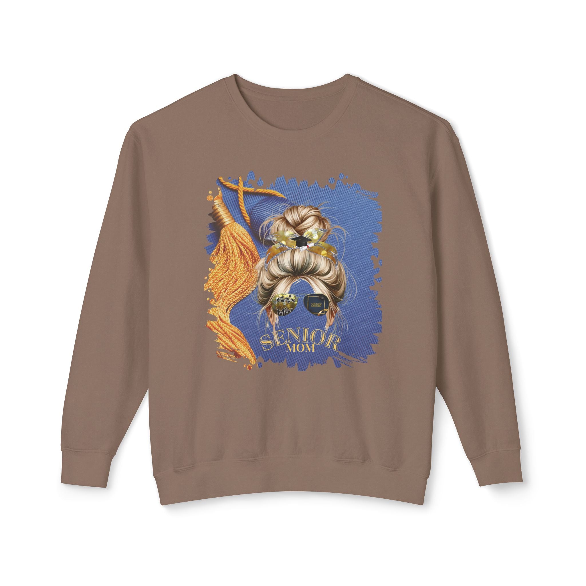 Senior Mom, Graduation Cap, Blond Hair Messy Bun, Unisex Lightweight Crewneck Sweatshirt