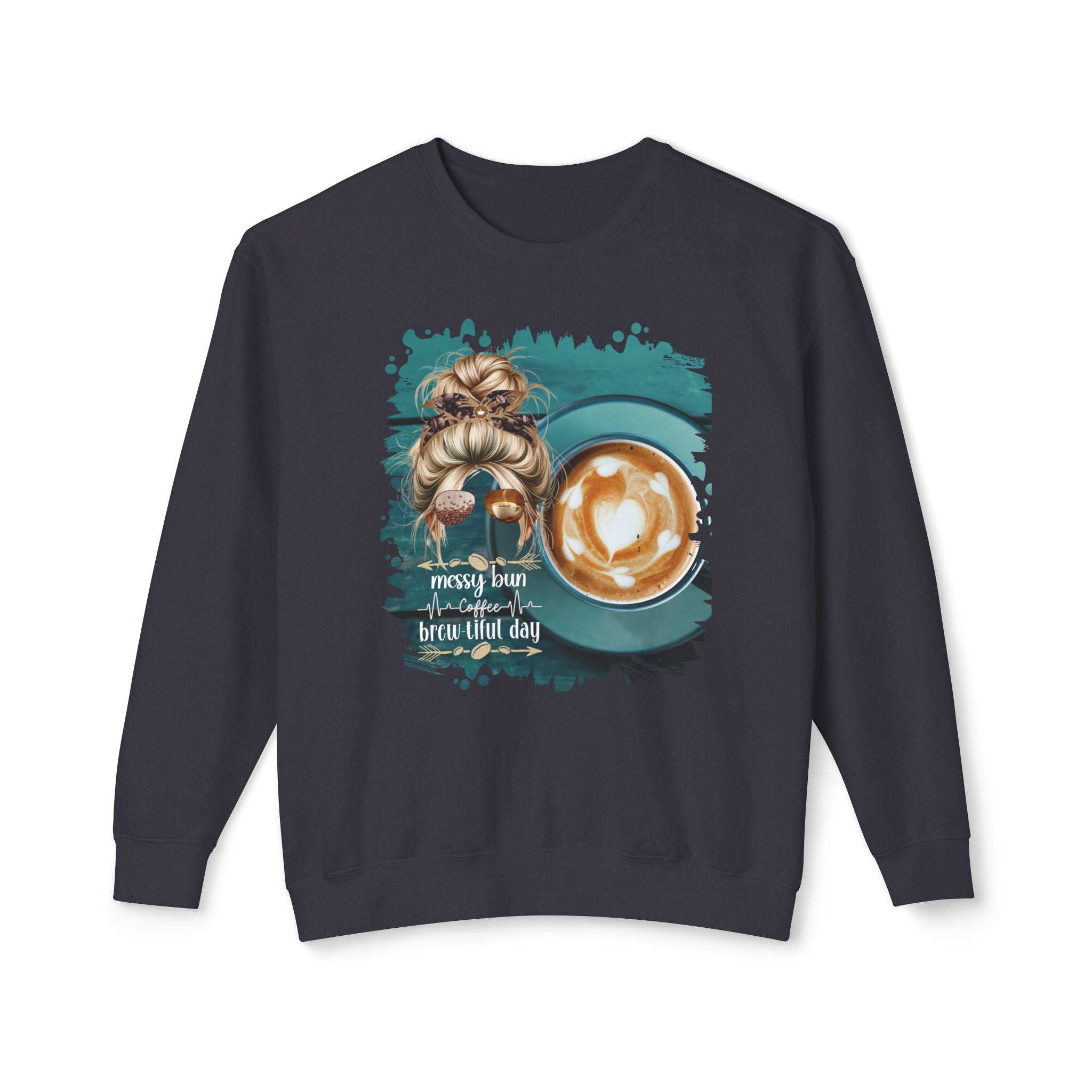 Coffee Heartbeat, Coffee Cup, Blond Hair Messy Bun, Unisex Lightweight Crewneck Sweatshirt