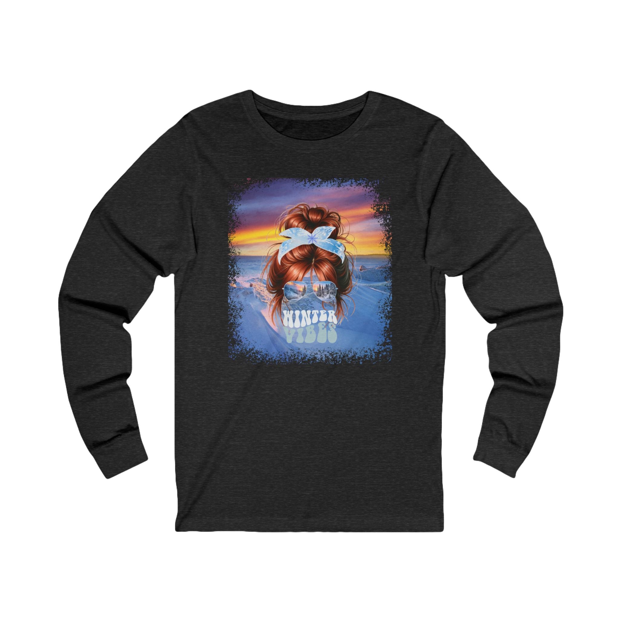 Winter Vibes Winter Mountain, Red Hair Messy Bun, Unisex Jersey Long Sleeve Tee