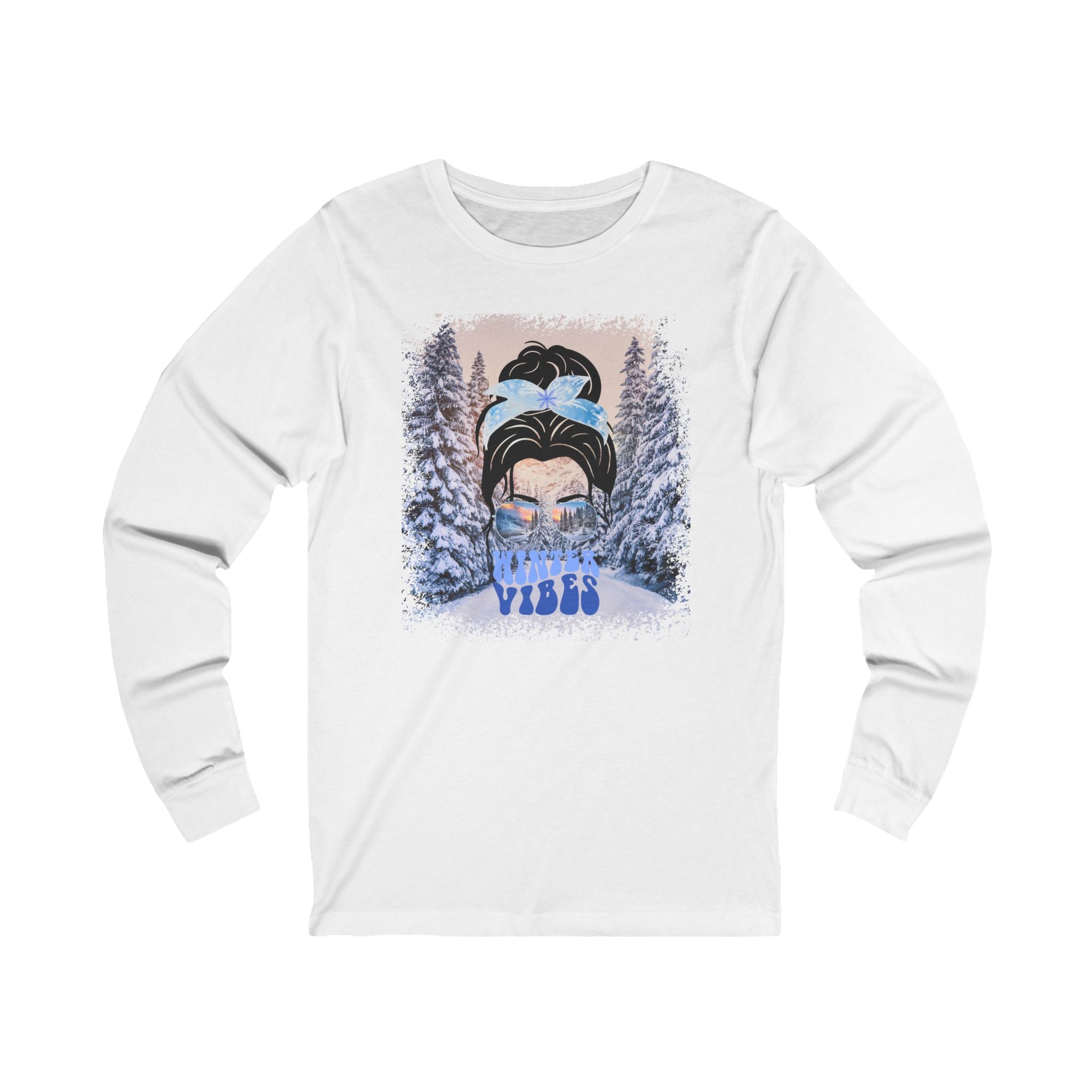 Winter Vibes Winter Trail, Dark Hair Messy Bun, Unisex Jersey Long Sleeve Tee