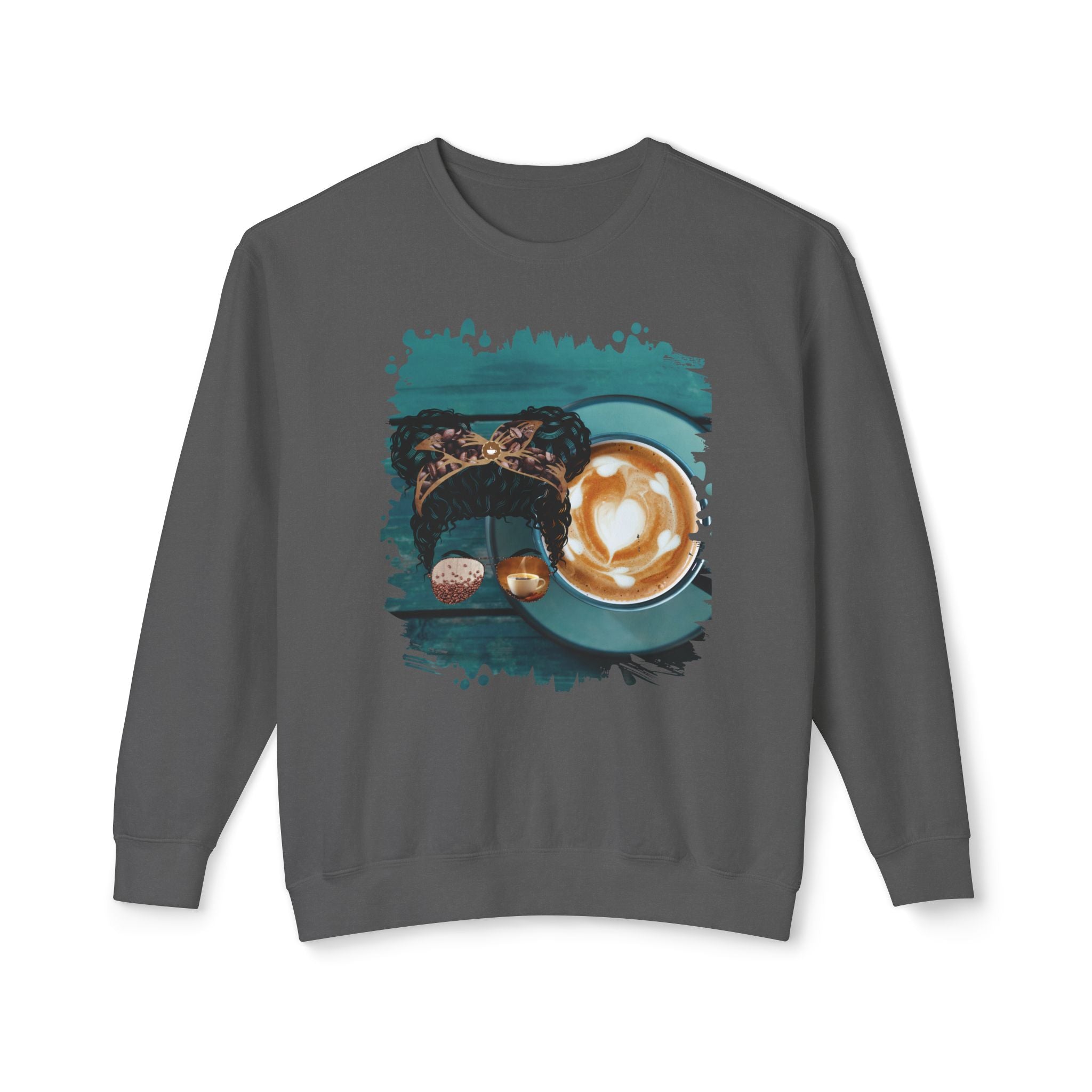 Coffee Cup, Black Hair Messy Bun, Unisex Lightweight Crewneck Sweatshirt