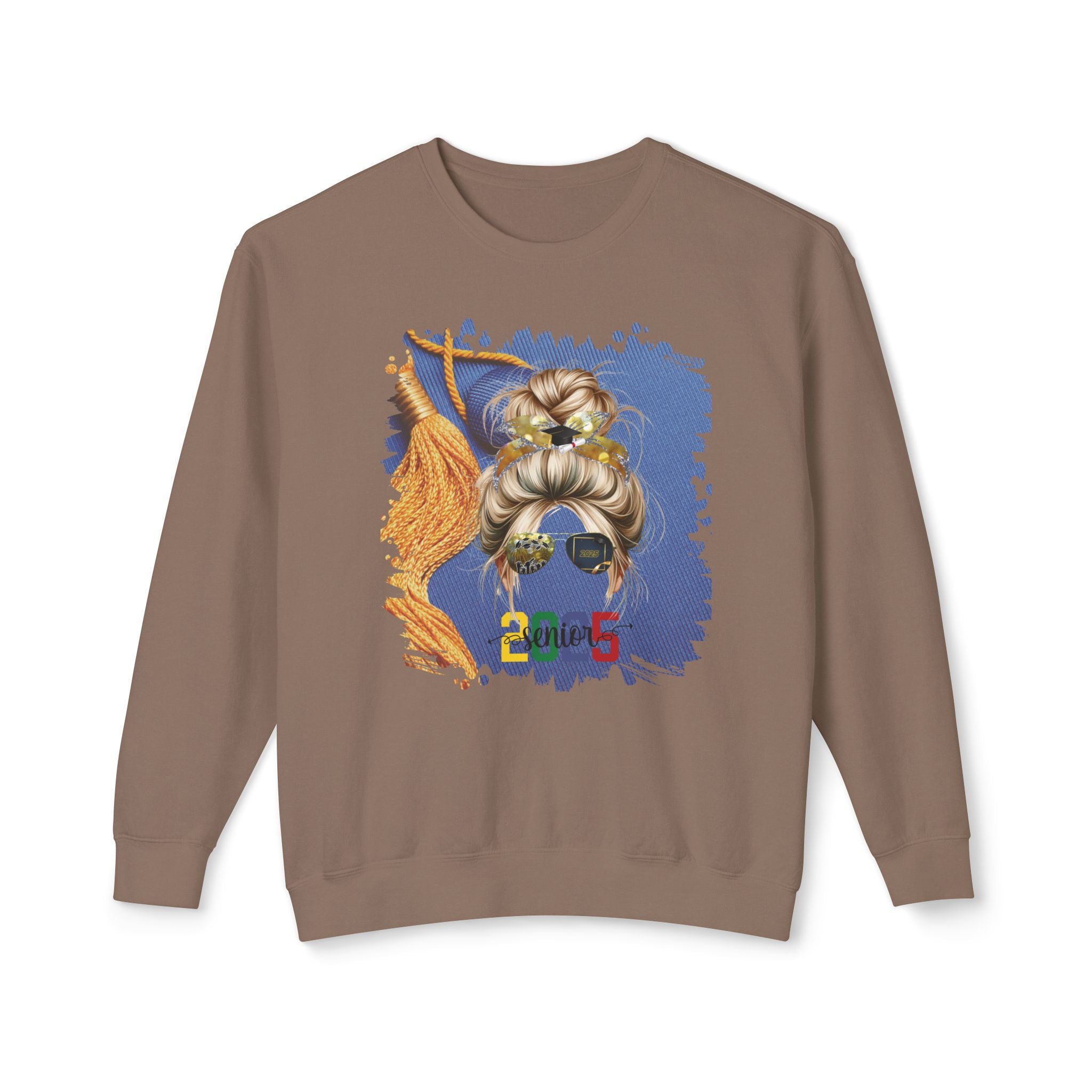 Senior 2025 Colorful, Graduation Cap, Blond Hair Messy Bun, Unisex Lightweight Crewneck Sweatshirt