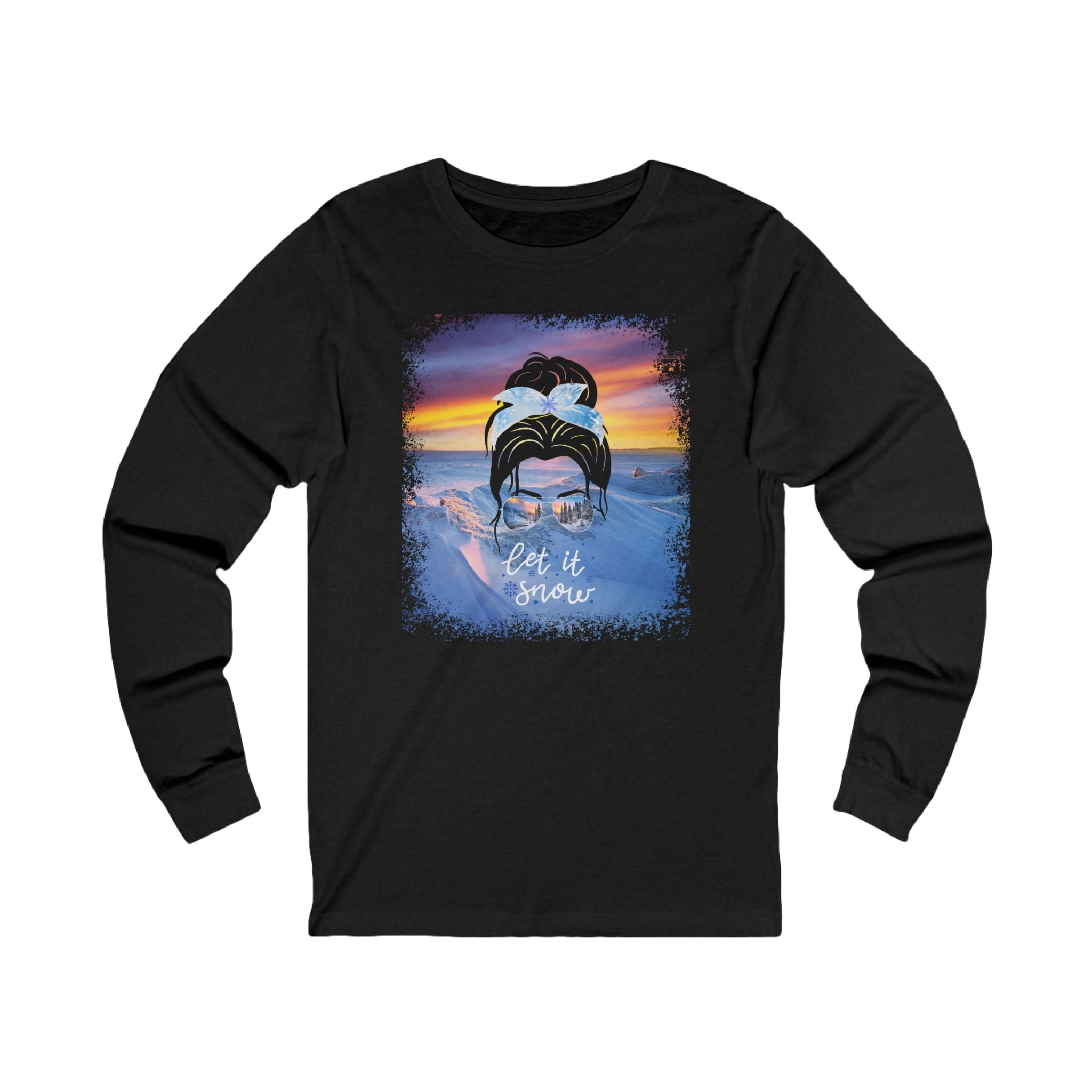 Let it Snow Winter Mountain, Dark Hair Messy Bun, Unisex Jersey Long Sleeve Tee