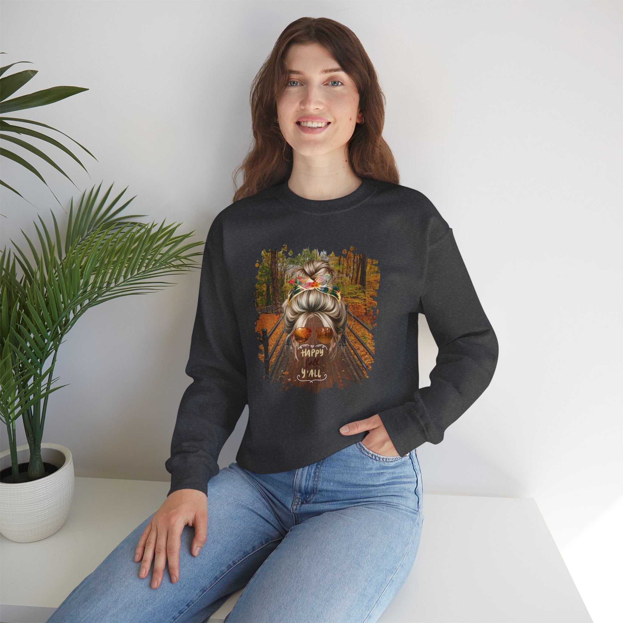 Happy Fall Y'all Fall Hike, Blond Hair Messy Bun, Unisex Heavy Blend™ Crewneck Sweatshirt