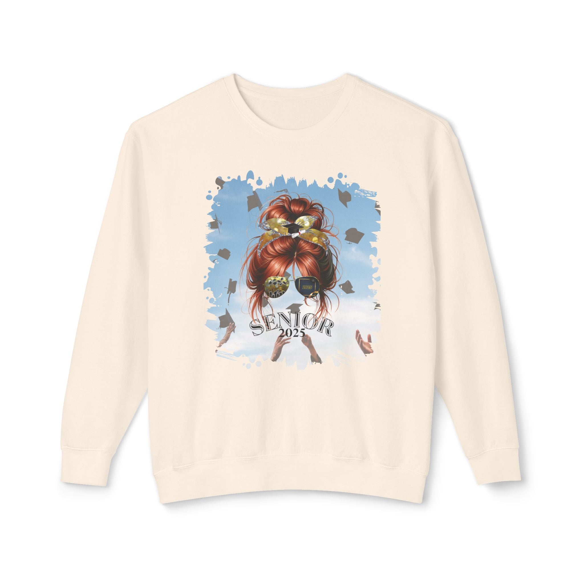 Senior 2025, Celebration, Red Hair Messy Bun, Unisex Lightweight Crewneck Sweatshirt