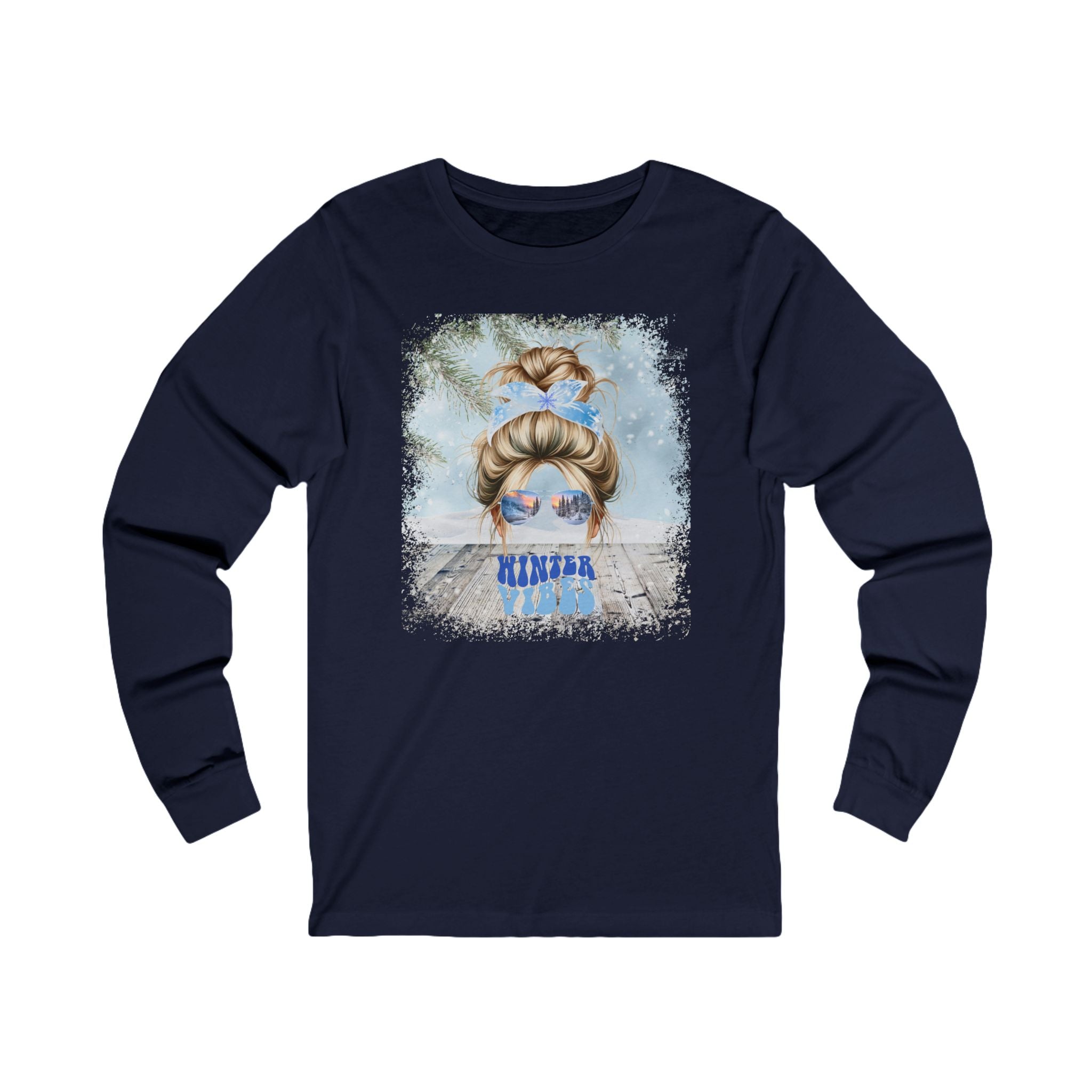 Winter Vibes Winter Snowy Porch, Blond Hair Messy Bun, Unisex Jersey Long Sleeve Tee