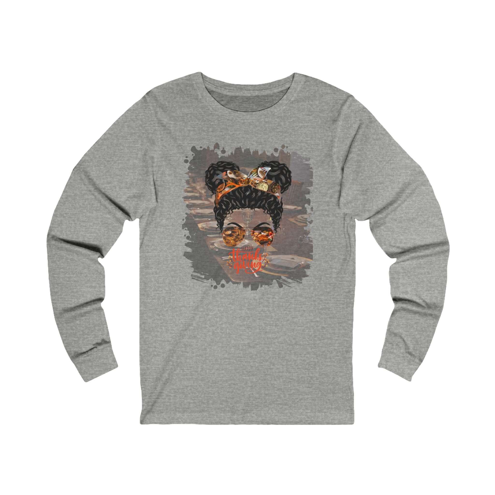 Happy Thanksgiving Table Setting, Black Hair Messy Bun, Unisex Jersey Long Sleeve Tee