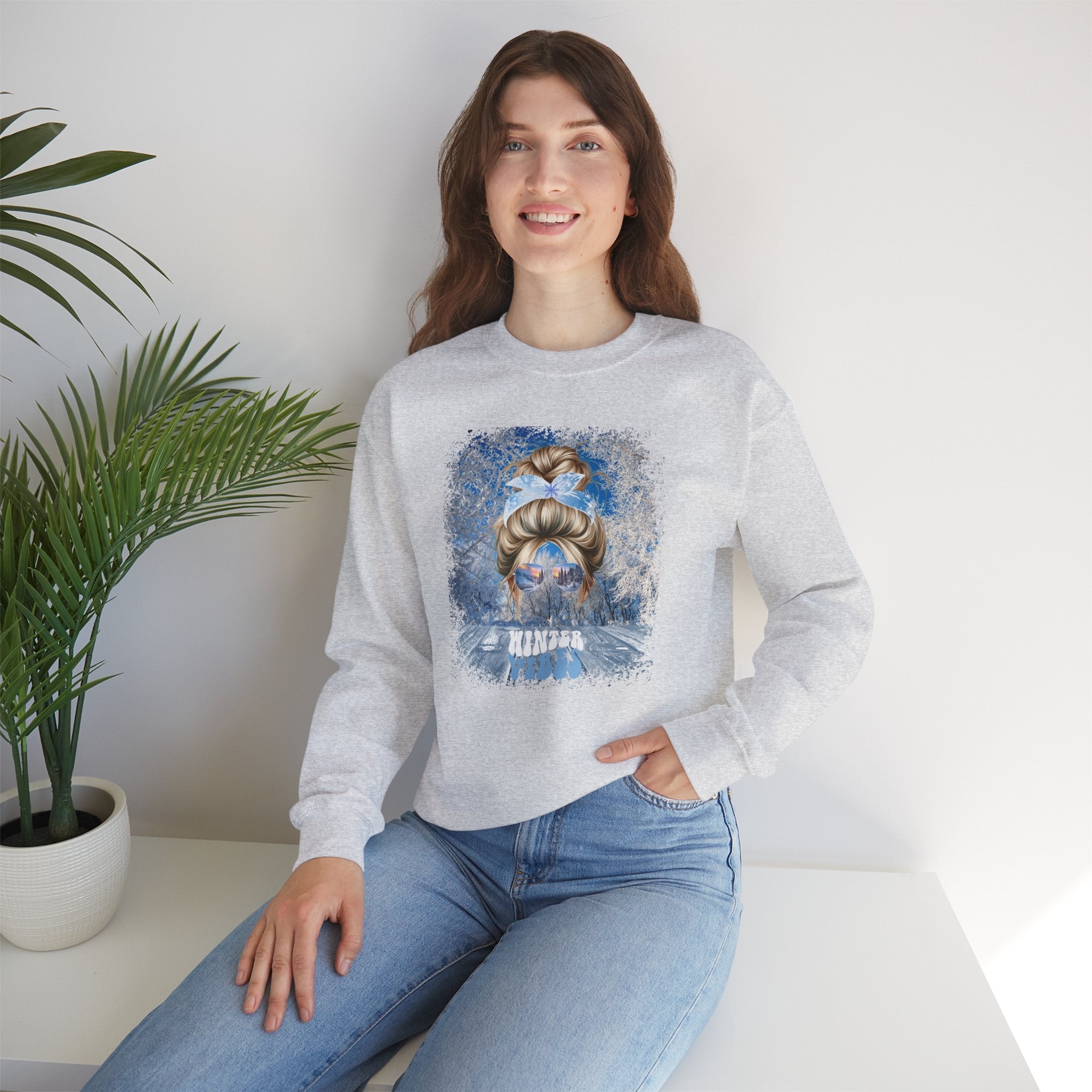 Winter Vibes Winter Porch, Blond Hair Messy Bun, Unisex Heavy Blend™ Crewneck Sweatshirt