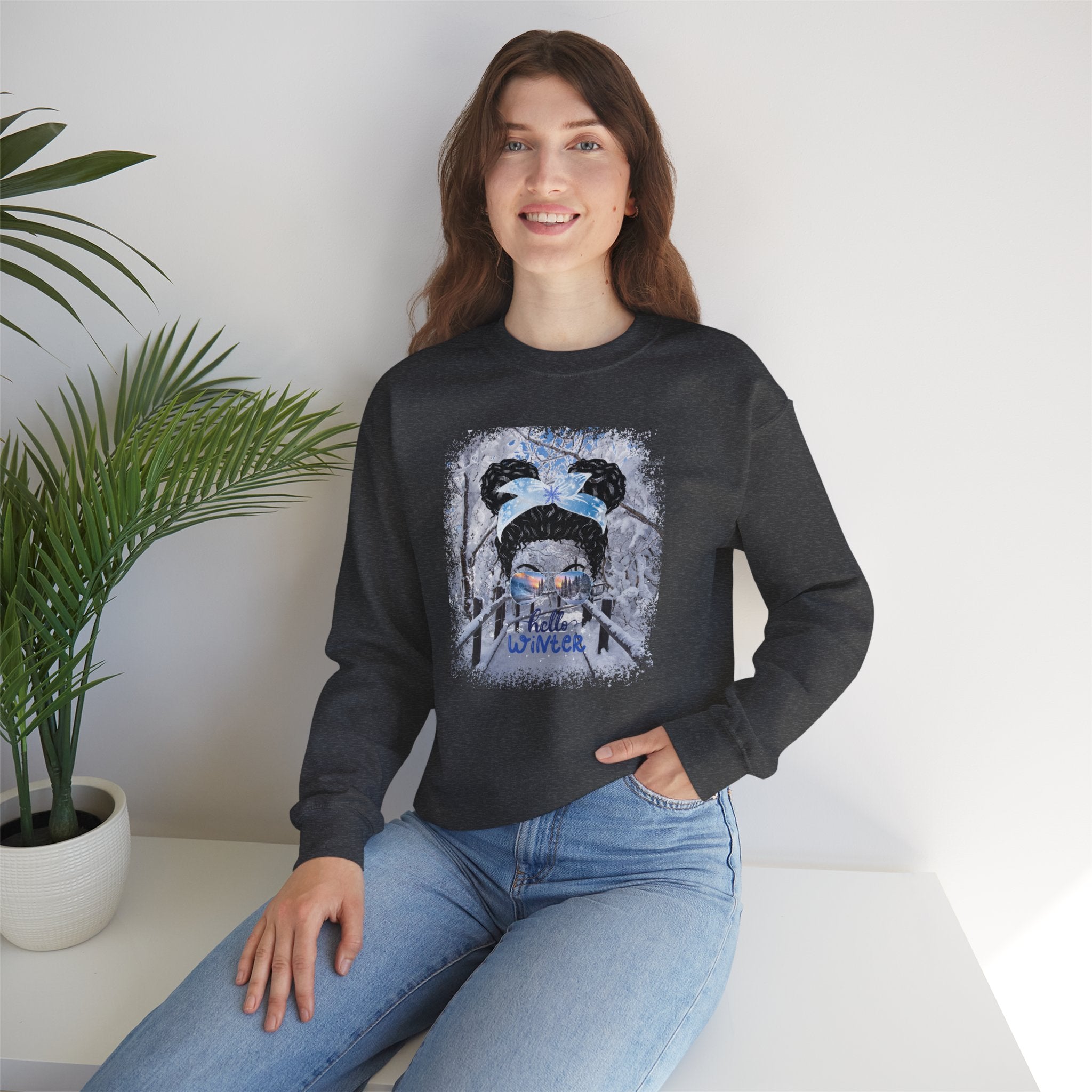 Hello Winter, Winter Hike, Black Hair Messy Bun, Unisex Heavy Blend™ Crewneck Sweatshirt