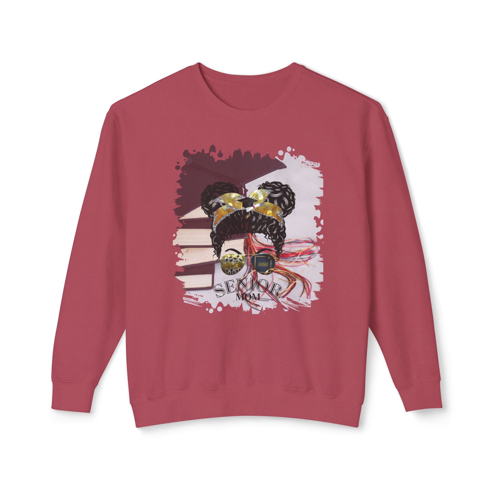 Senior Mom, Cap & Books, Black Hair Messy Bun, Unisex Lightweight Crewneck Sweatshirt