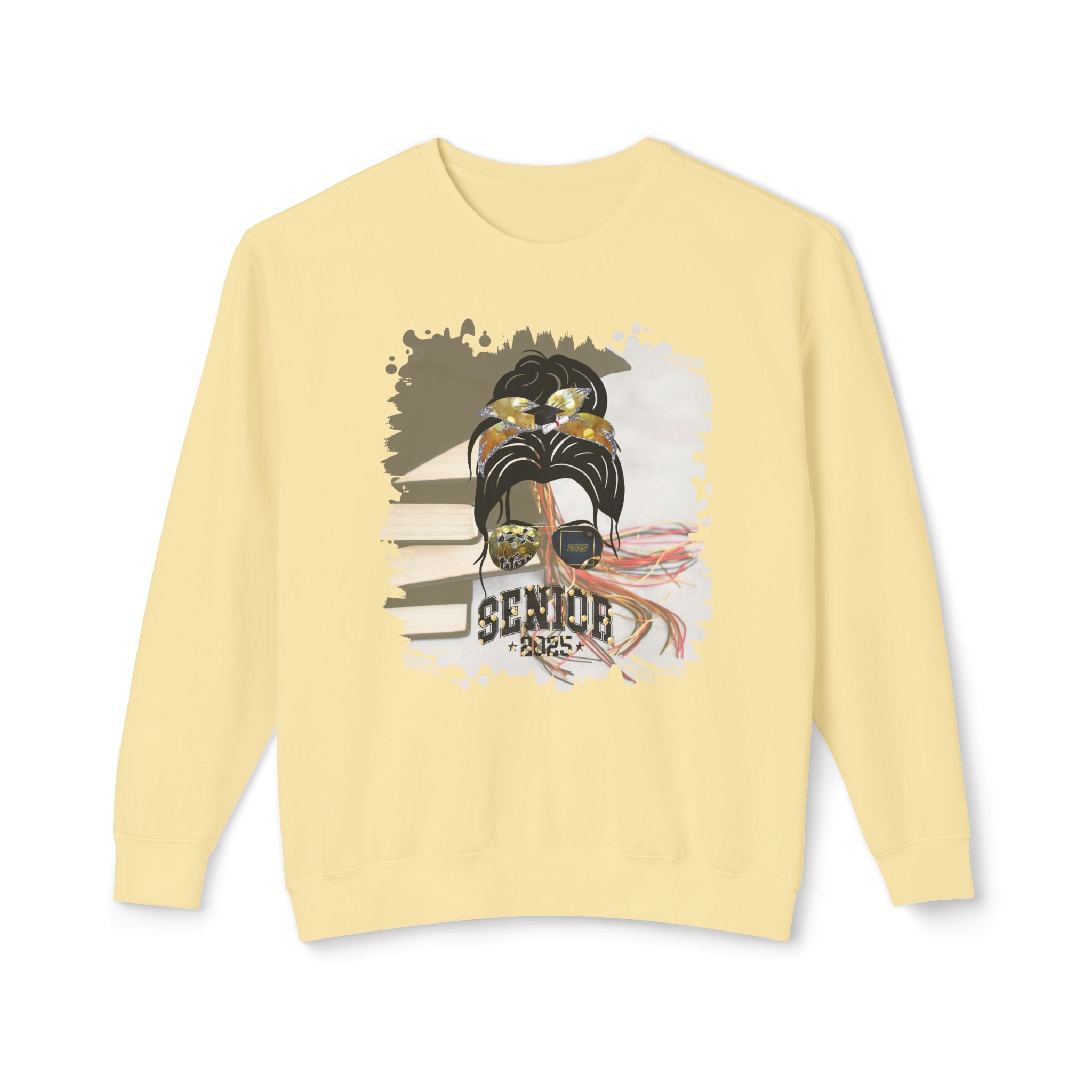 Senior 2025 Balloons, Cap & Books, Dark Hair Messy Bun, Unisex Lightweight Crewneck Sweatshirt