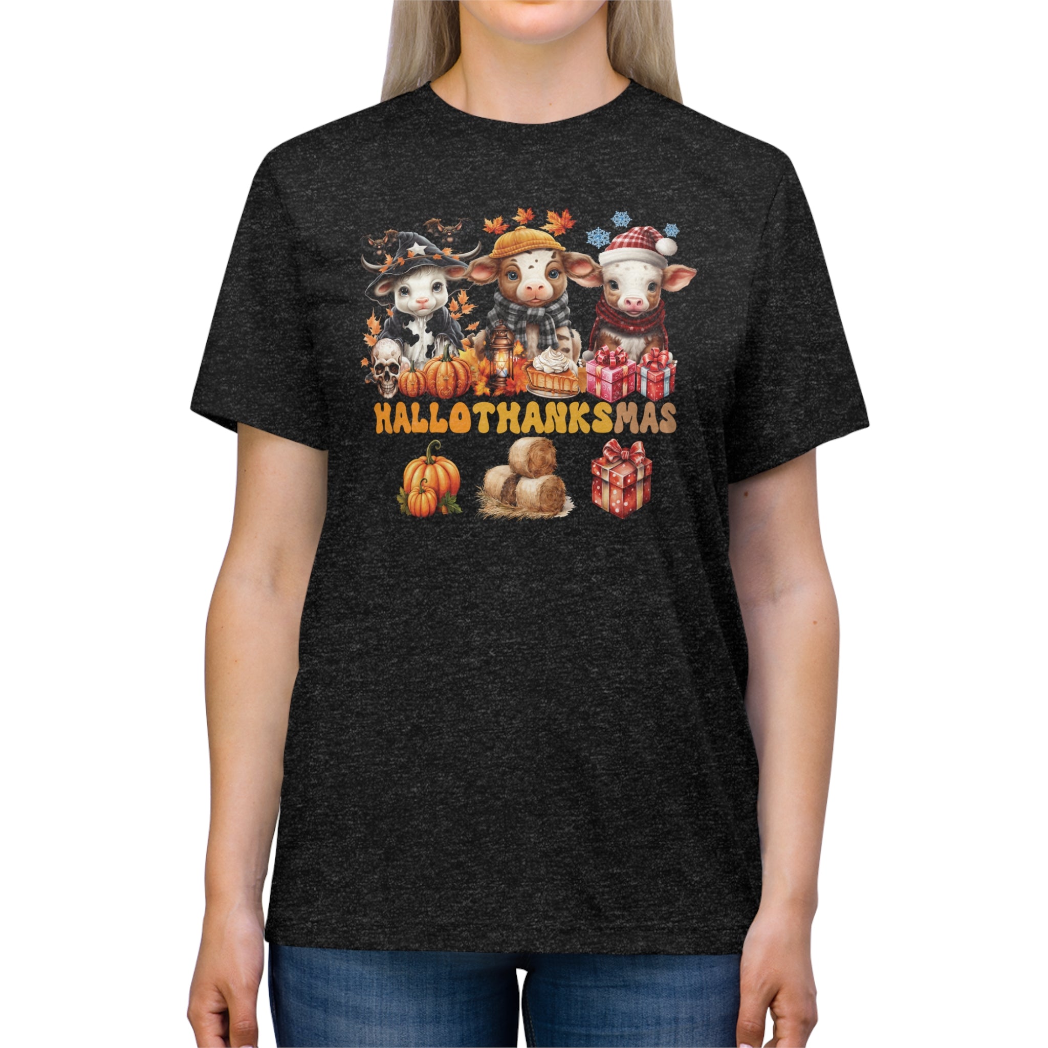 Spooky to Jolly - All-Season Celebration HalloThanksMas Tee (2), Unisex Triblend T-Shirt