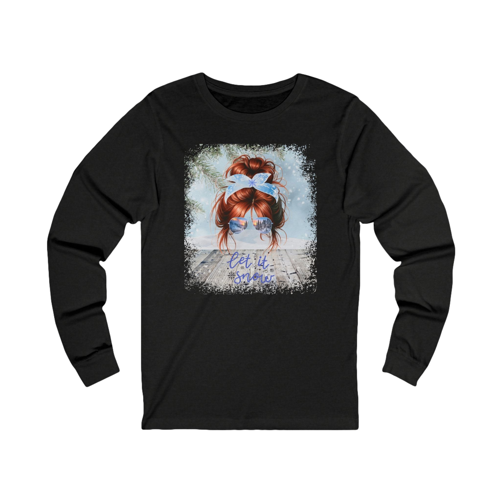 Let it Snow Winter Snowy Porch, Red Hair Messy Bun, Unisex Jersey Long Sleeve Tee