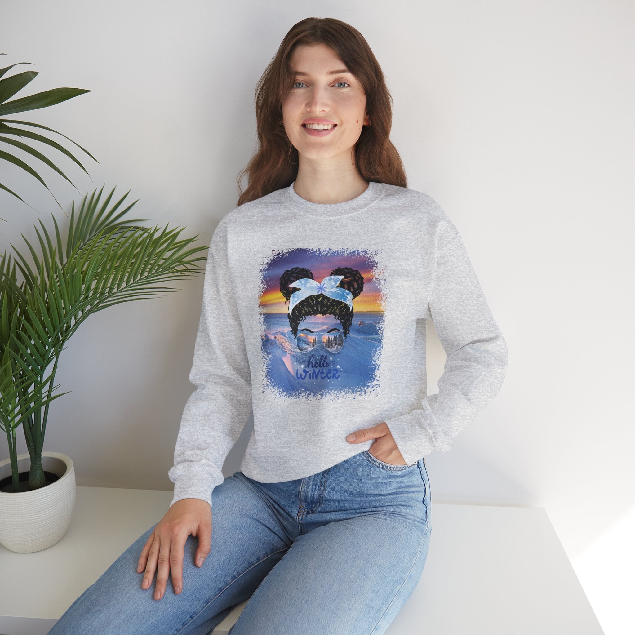 Hello Winter, Winter Mountain, Black Hair Messy Bun, Unisex Heavy Blend™ Crewneck Sweatshirt