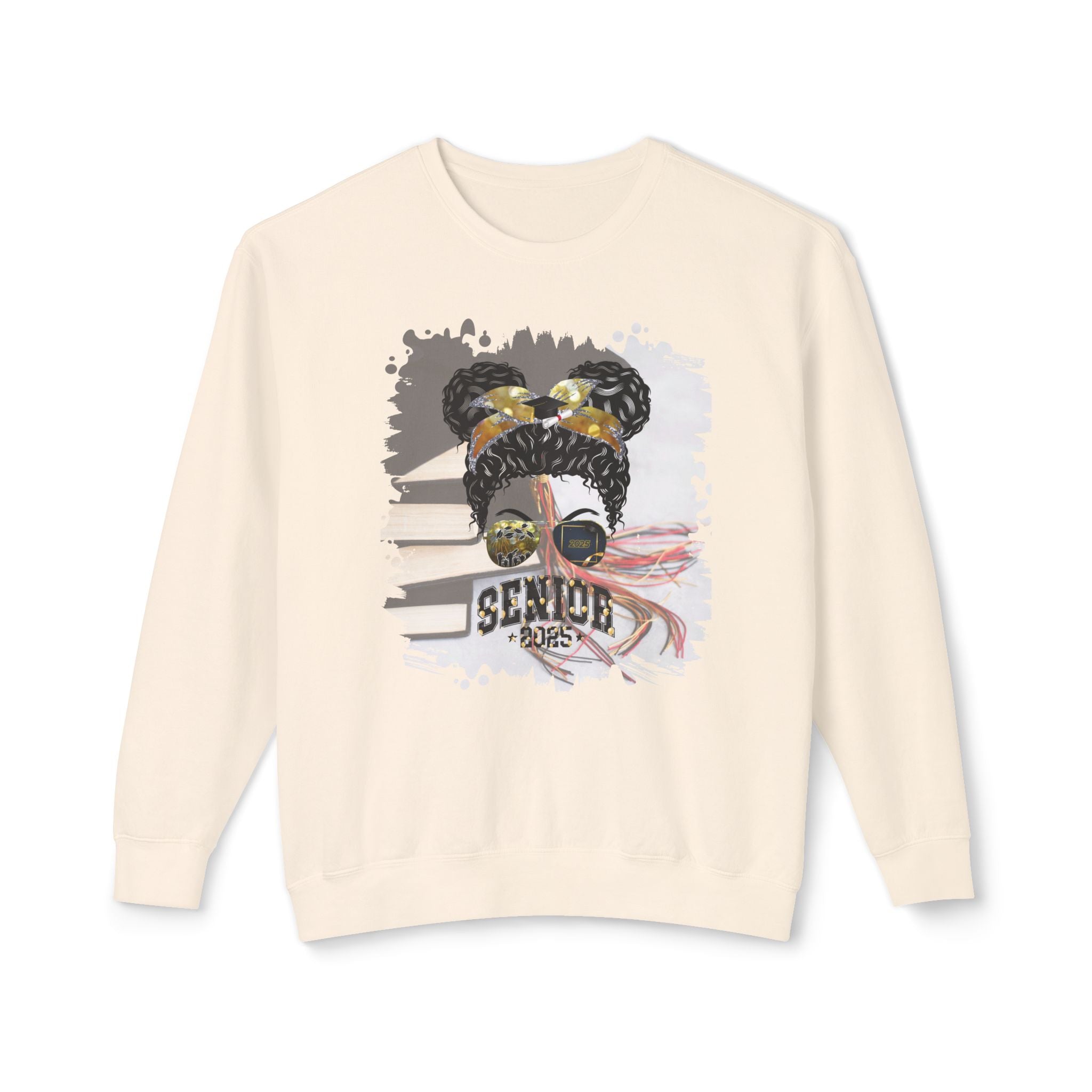 Senior 2025 Balloons, Cap & Books, Black Hair Messy Bun, Unisex Lightweight Crewneck Sweatshirt