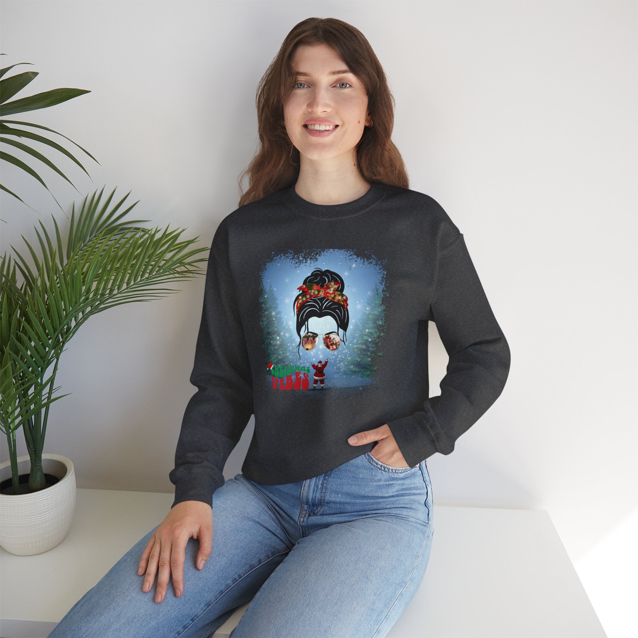 Christmas Vibes Santa, Dark Hair Messy Bun, Unisex Heavy Blend™ Crewneck Sweatshirt