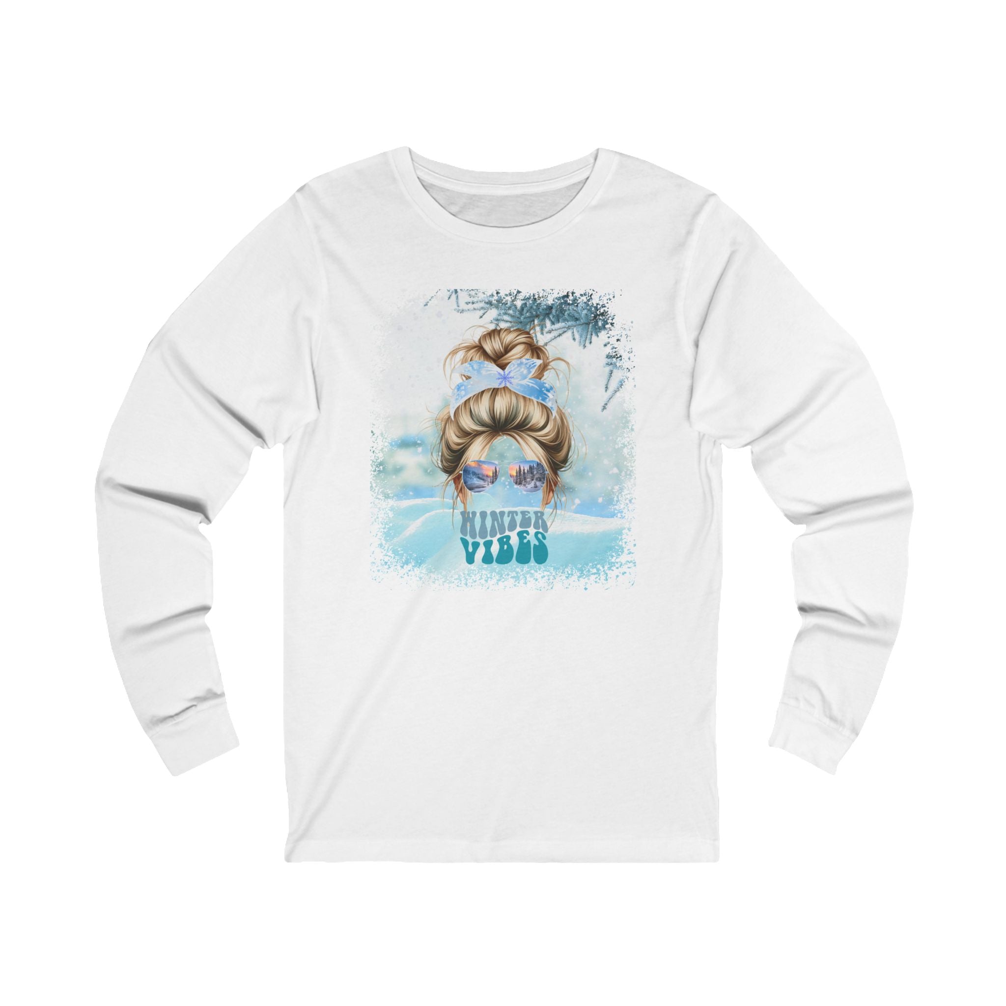 Winter Vibes Snow, Blond Hair Messy Bun, Unisex Jersey Long Sleeve Tee