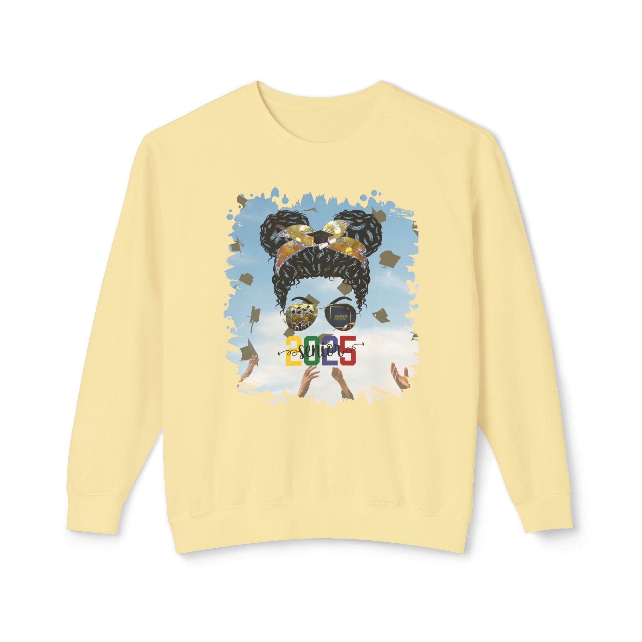 Senior 2025 Colorful, Celebration, Black Hair Messy Bun, Unisex Lightweight Crewneck Sweatshirt