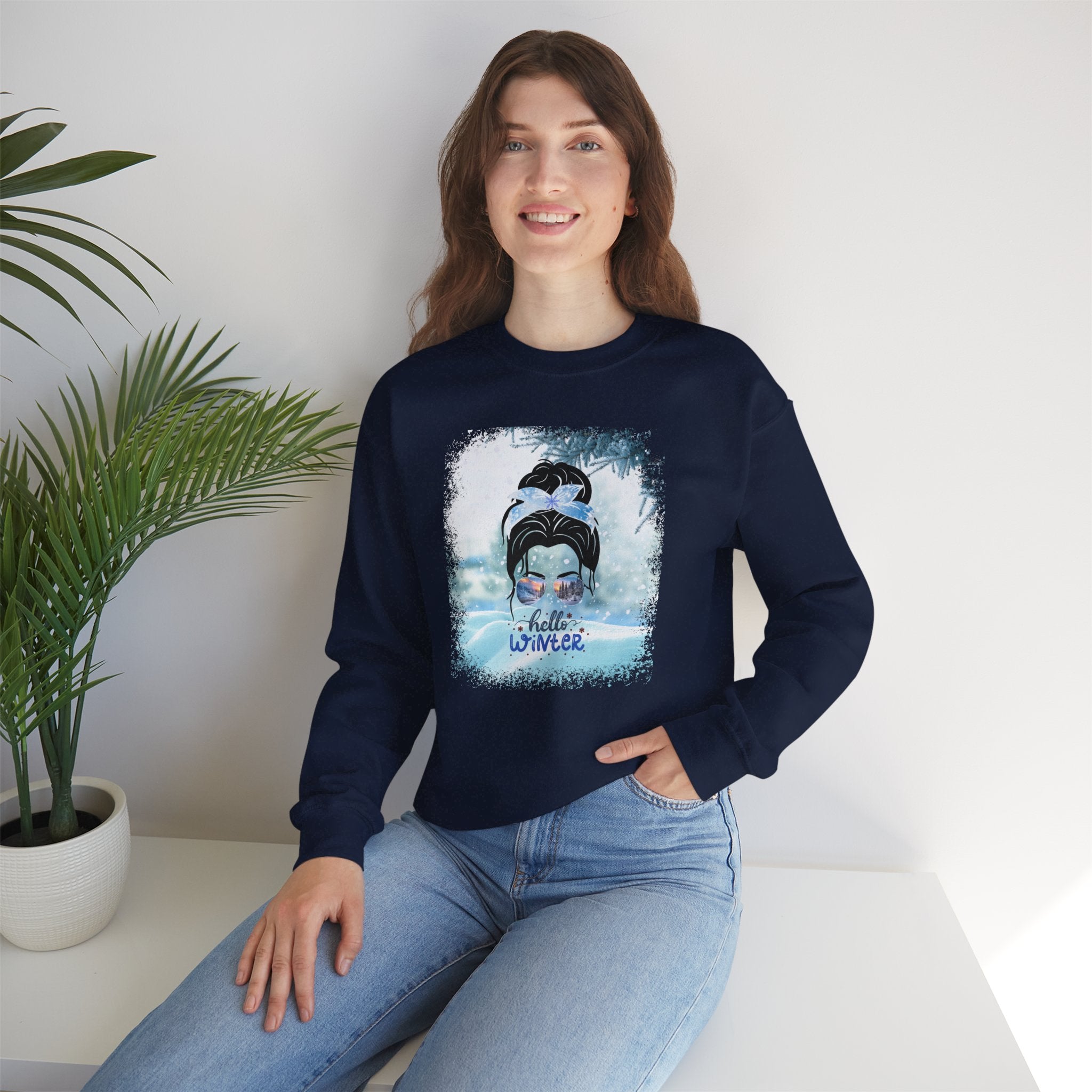 Hello Winter Snow, Dark Hair Messy Bun, Unisex Heavy Blend™ Crewneck Sweatshirt