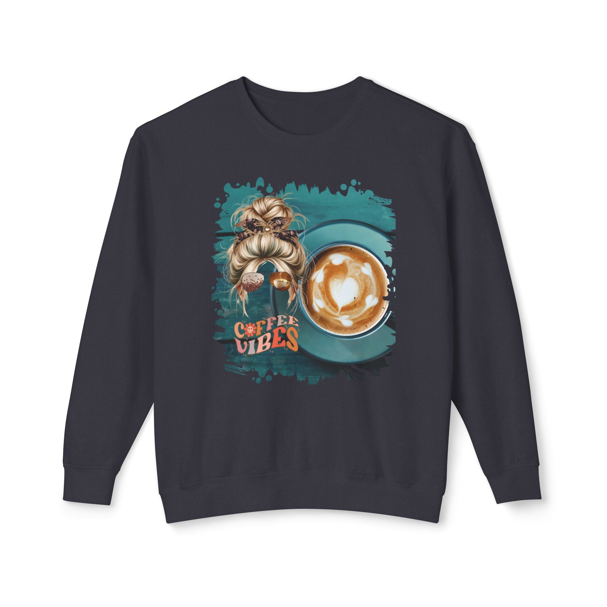 Coffee Vibes, Coffee Cup, Blond Hair Messy Bun, Unisex Lightweight Crewneck Sweatshirt