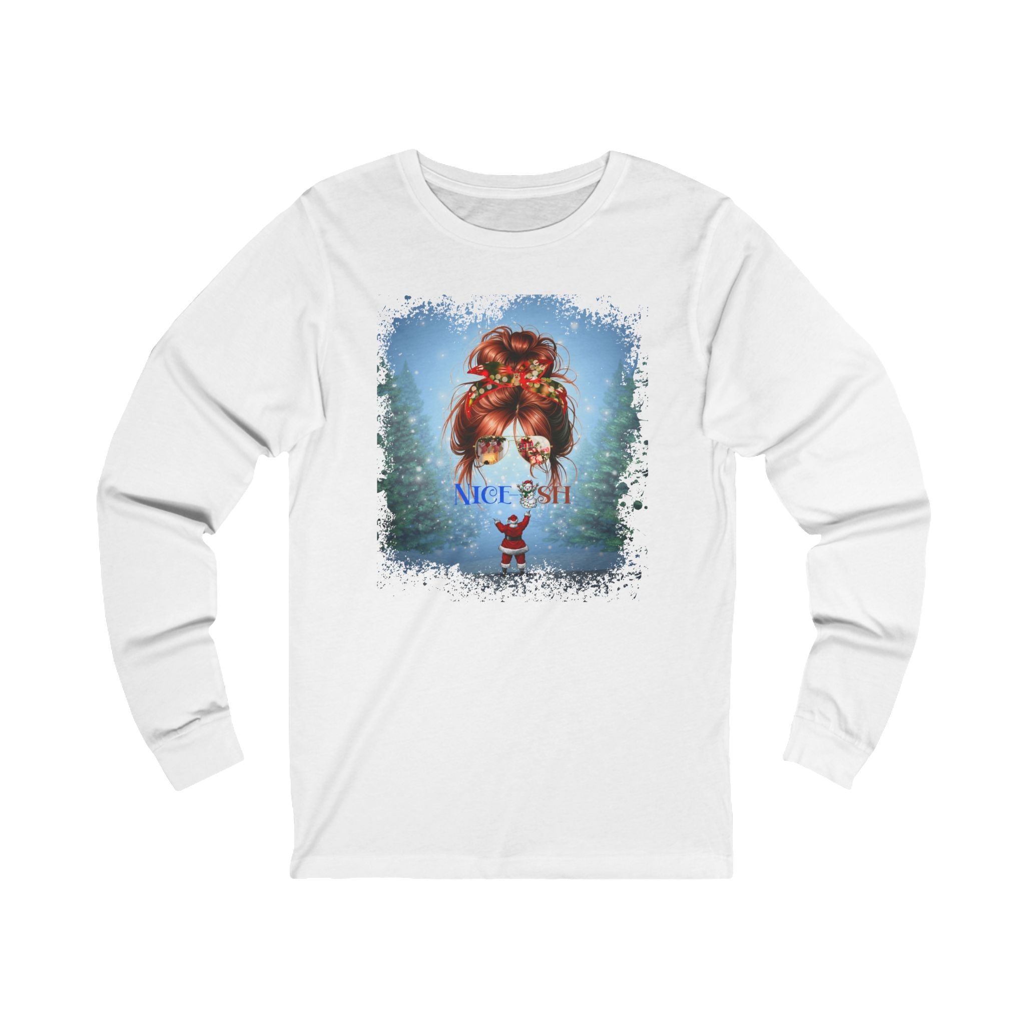 Nice-ish Santa, Red Hair Messy Bun, Unisex Jersey Long Sleeve Tee