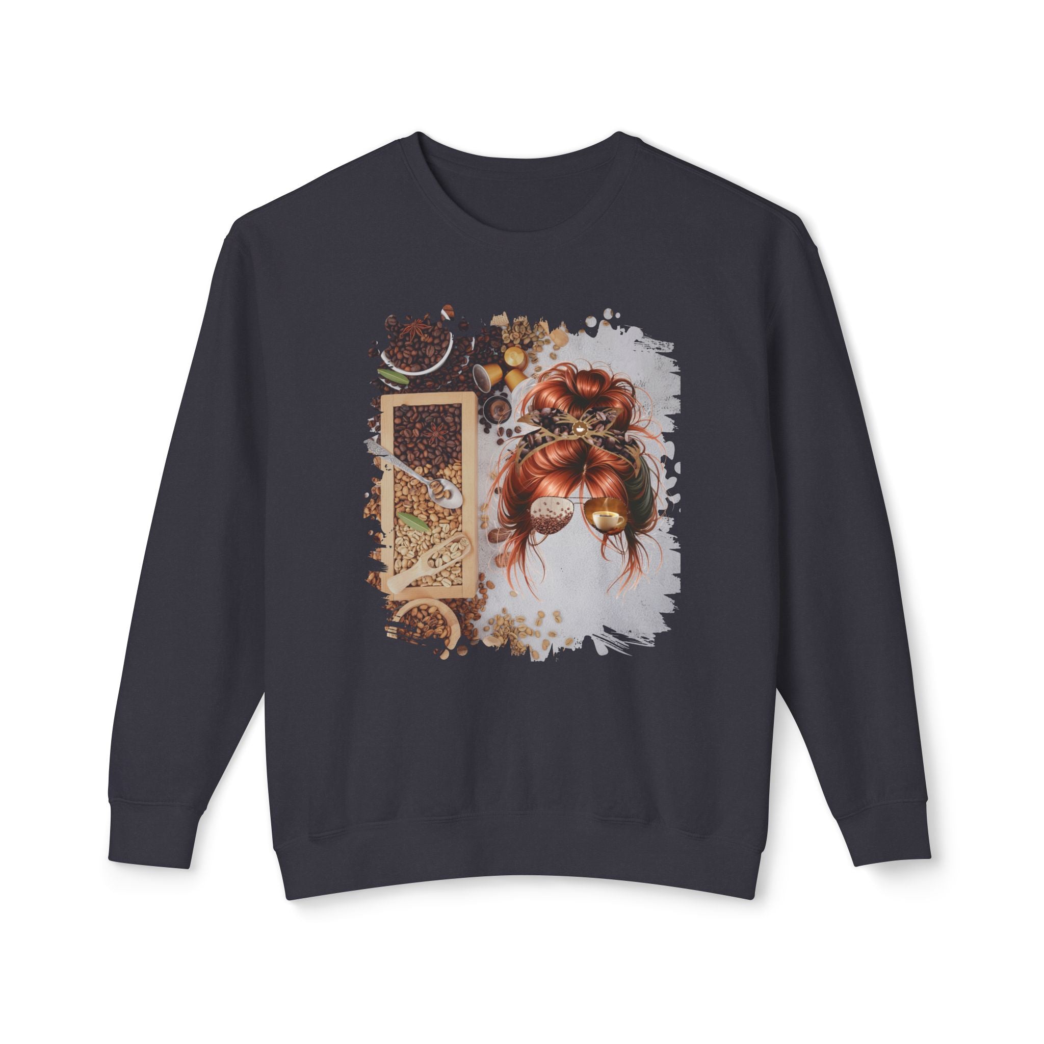 Coffee Beans Variety, Red Hair Messy Bun, Unisex Lightweight Crewneck Sweatshirt