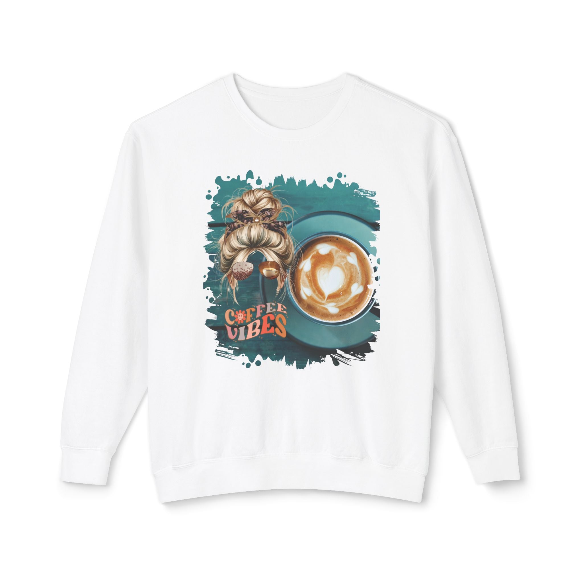 Coffee Vibes, Coffee Cup, Blond Hair Messy Bun, Unisex Lightweight Crewneck Sweatshirt