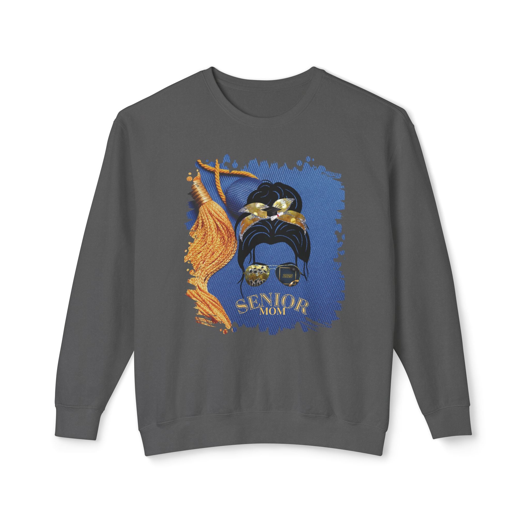Senior Mom, Graduation Cap, Dark Hair Messy Bun, Unisex Lightweight Crewneck Sweatshirt