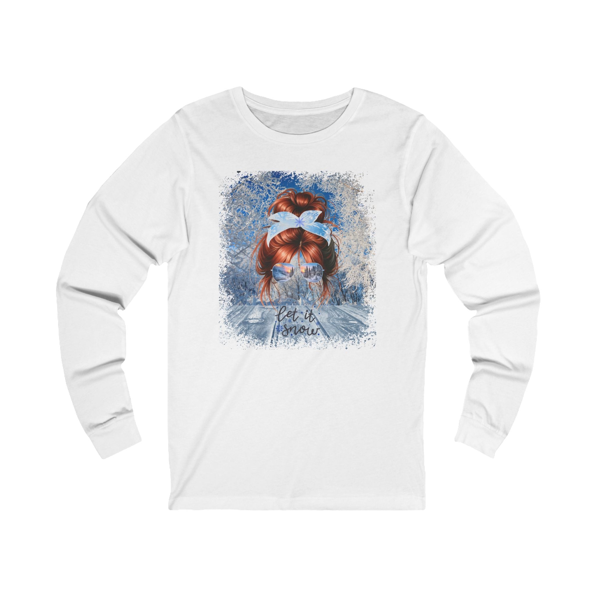 Let it Snow Winter Sunny Porch, Red Hair Messy Bun, Unisex Jersey Long Sleeve Tee