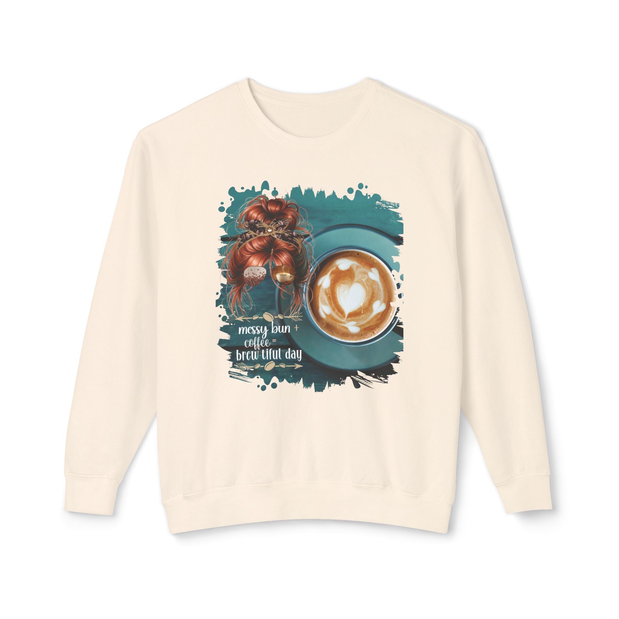 Messy Bun plus Coffee, Coffee Cup, Red Hair Messy Bun, Unisex Lightweight Crewneck Sweatshirt