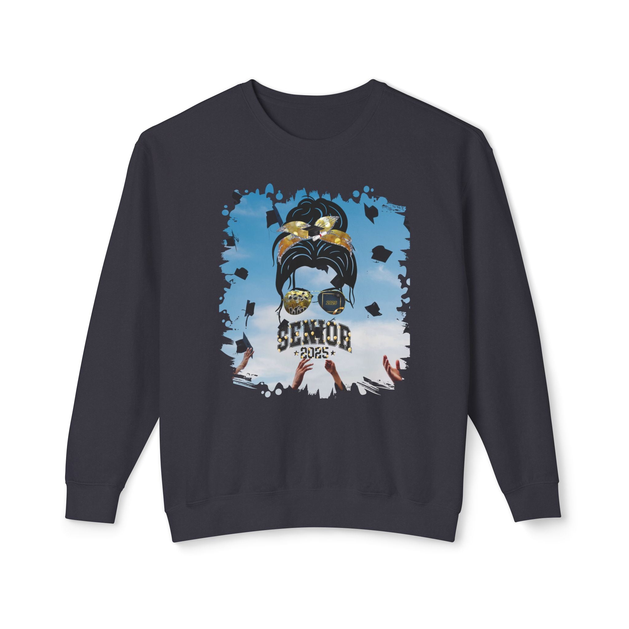 Senior 2025 Balloons, Celebration, Dark Hair Messy Bun, Unisex Lightweight Crewneck Sweatshirt