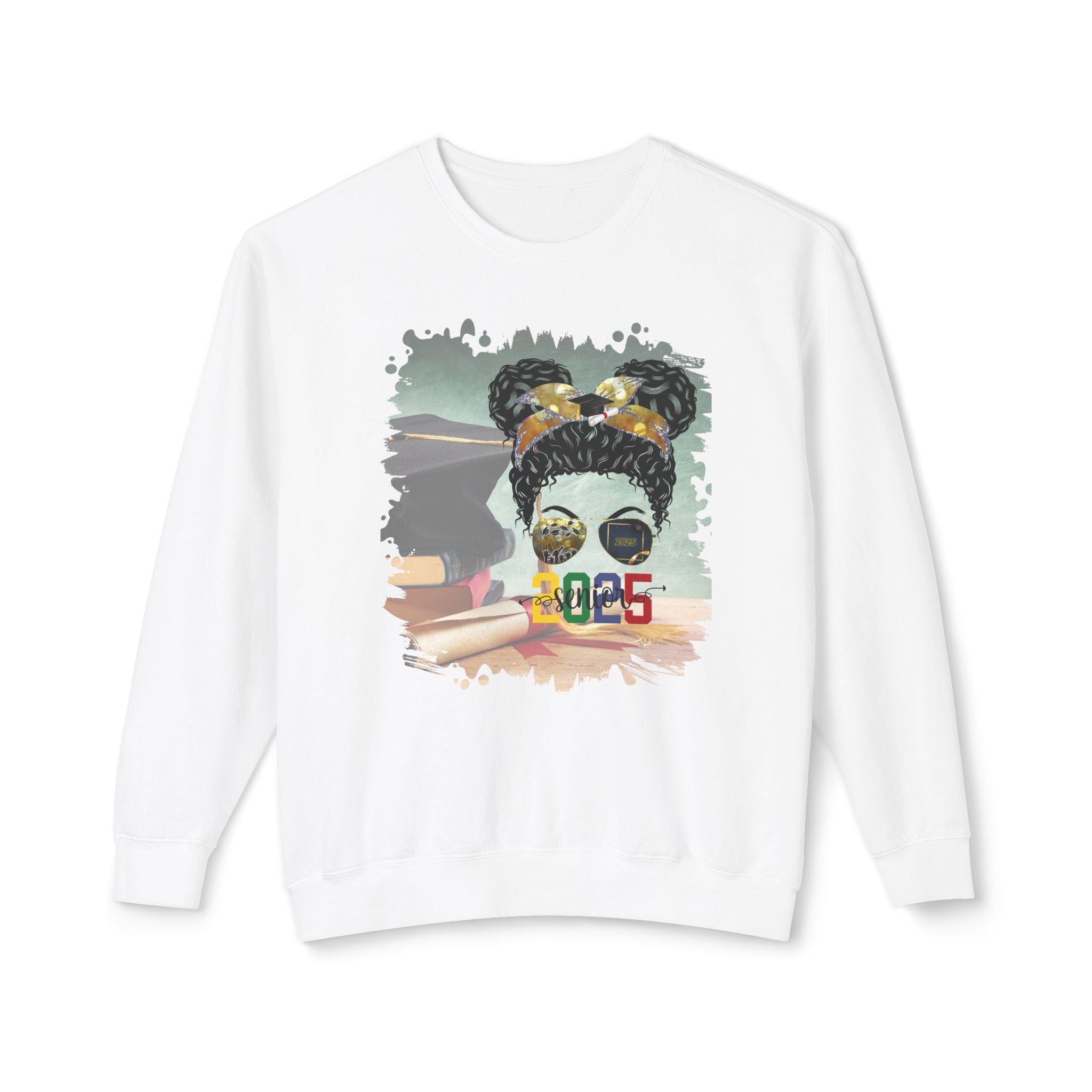 Senior 2025 Colorful, Cap & Degree/Diploma, Black Hair Messy Bun, Unisex Lightweight Crewneck Sweatshirt
