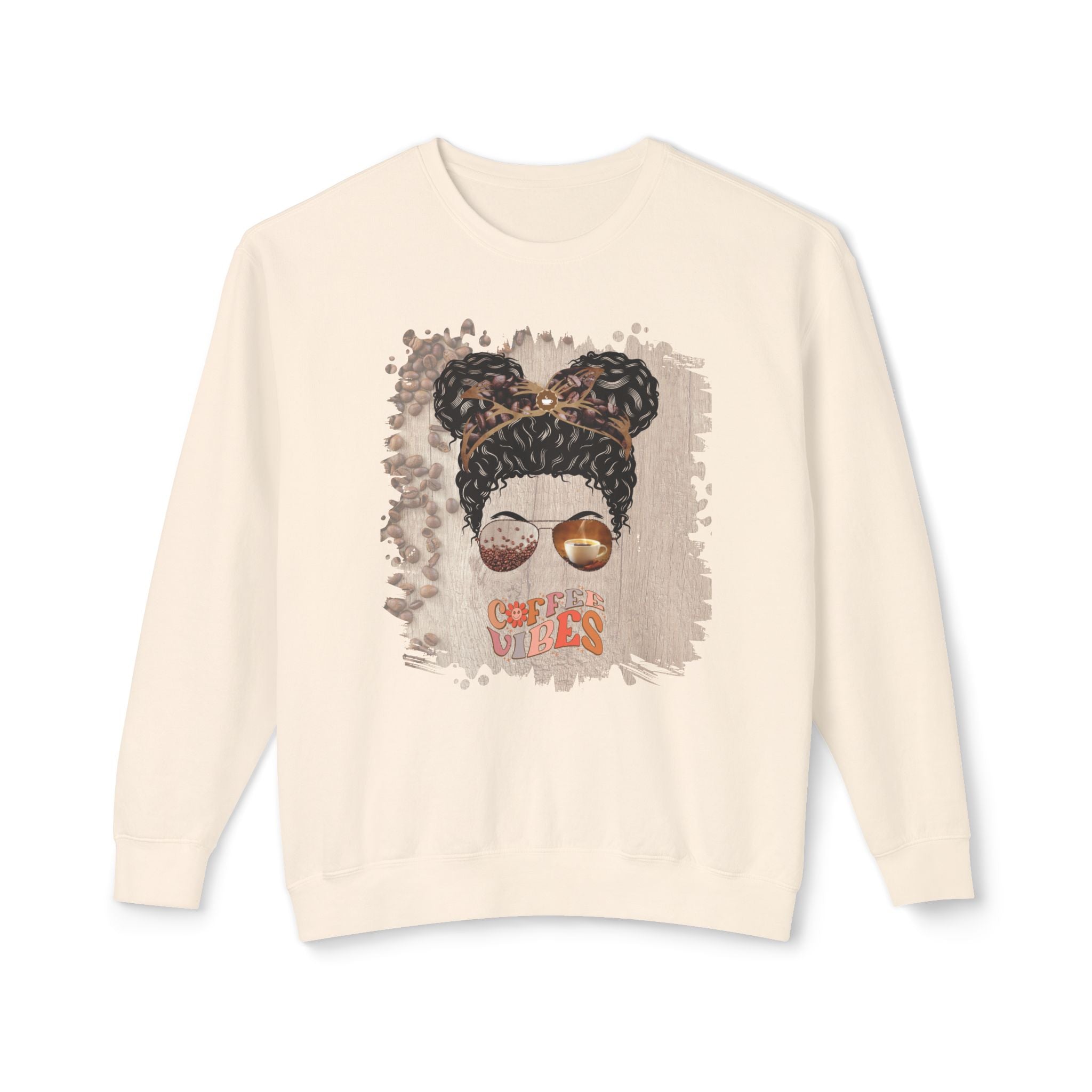 Coffee Vibes, Coffee Beans Table, Black Hair Messy Bun, Unisex Lightweight Crewneck Sweatshirt