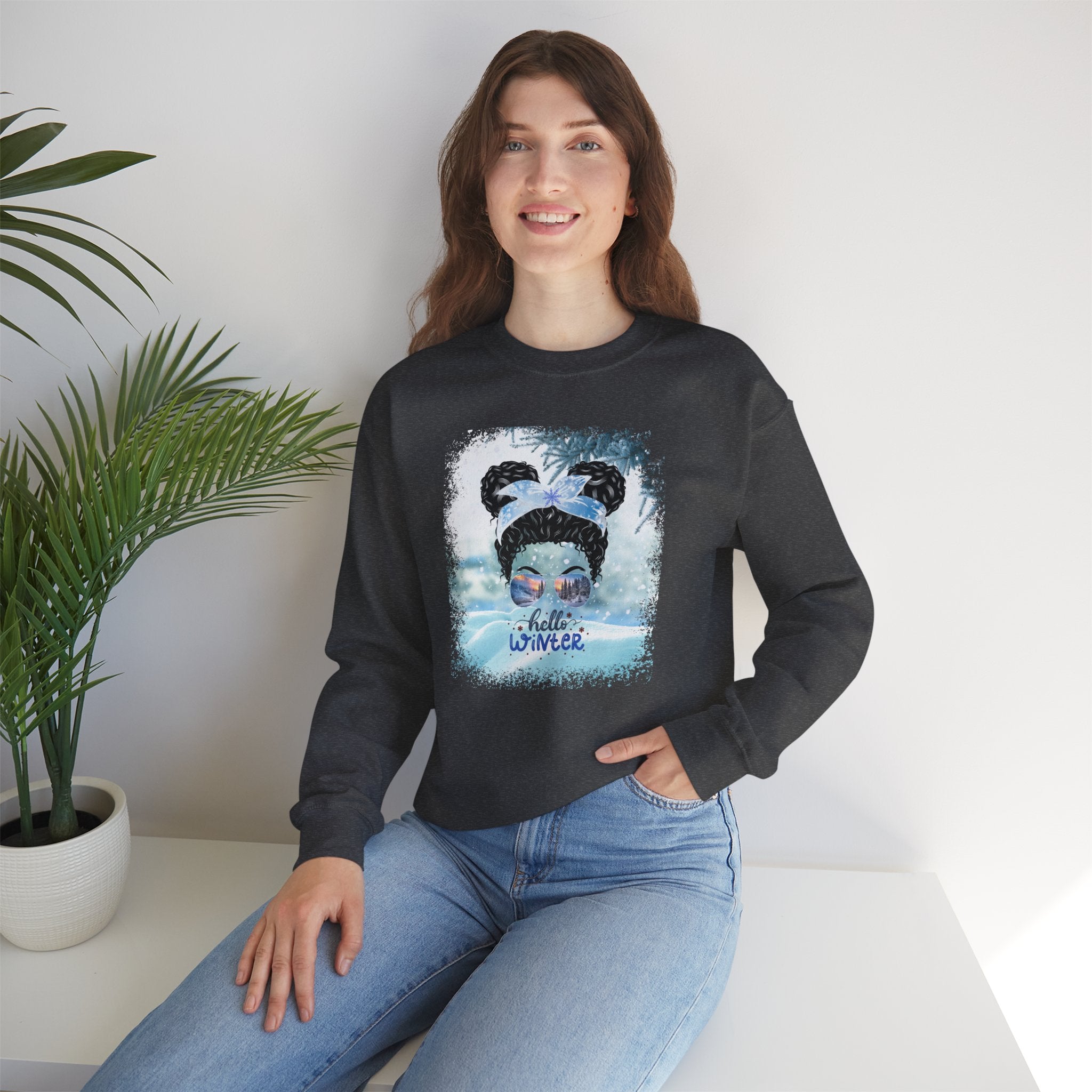 Hello Winter Snow, Black Hair Messy Bun, Unisex Heavy Blend™ Crewneck Sweatshirt