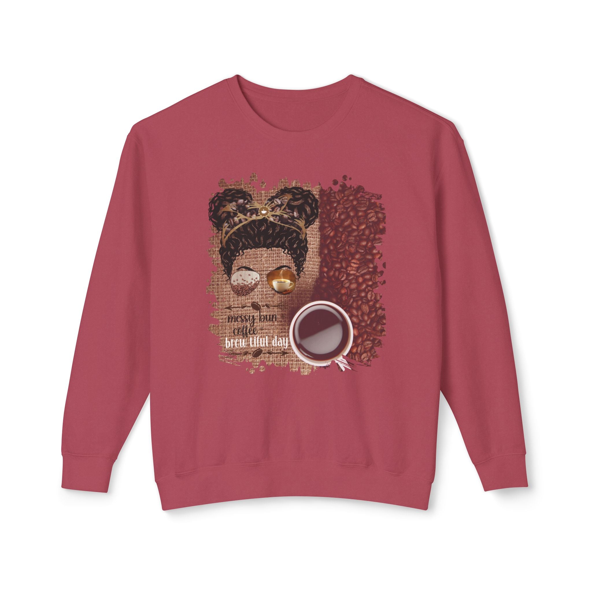 Messy Bun plus Coffee, Coffee Beans Bag, Black Hair Messy Bun, Unisex Lightweight Crewneck Sweatshirt