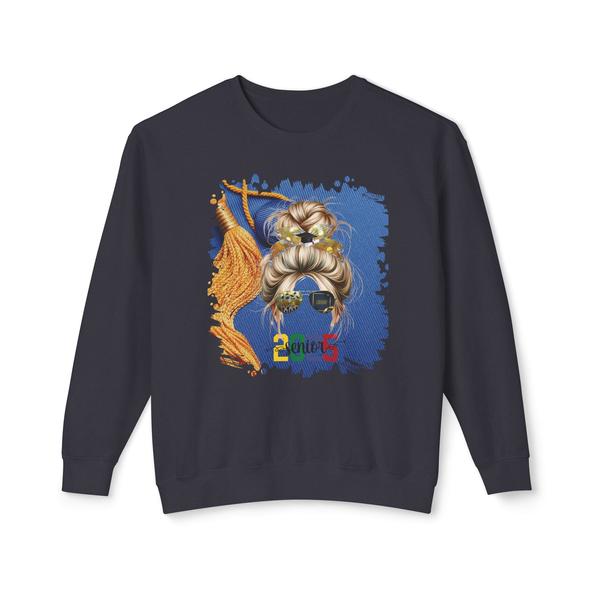 Senior 2025 Colorful, Graduation Cap, Blond Hair Messy Bun, Unisex Lightweight Crewneck Sweatshirt