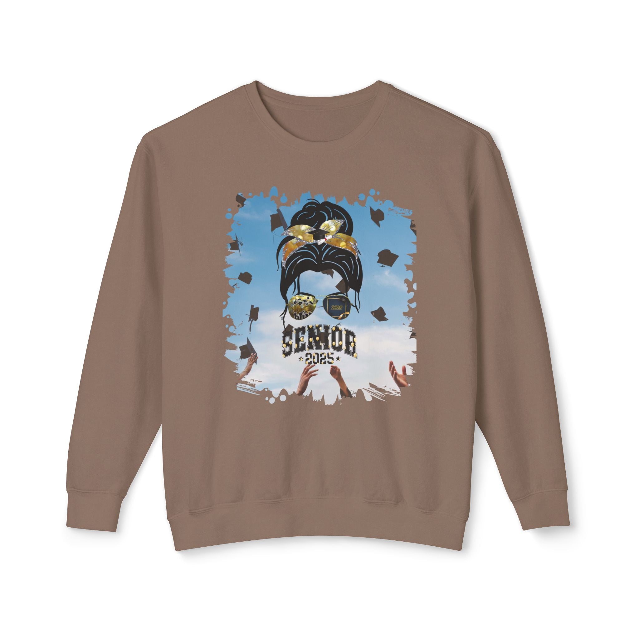 Senior 2025 Balloons, Celebration, Dark Hair Messy Bun, Unisex Lightweight Crewneck Sweatshirt