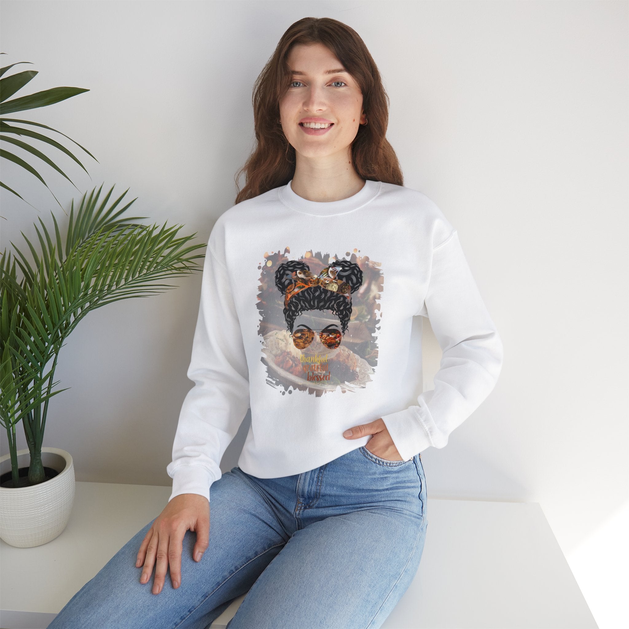 Thankful Grateful Blessed Thanksgiving Dinner, Black Hair Messy Bun, Unisex Heavy Blend™ Crewneck Sweatshirt