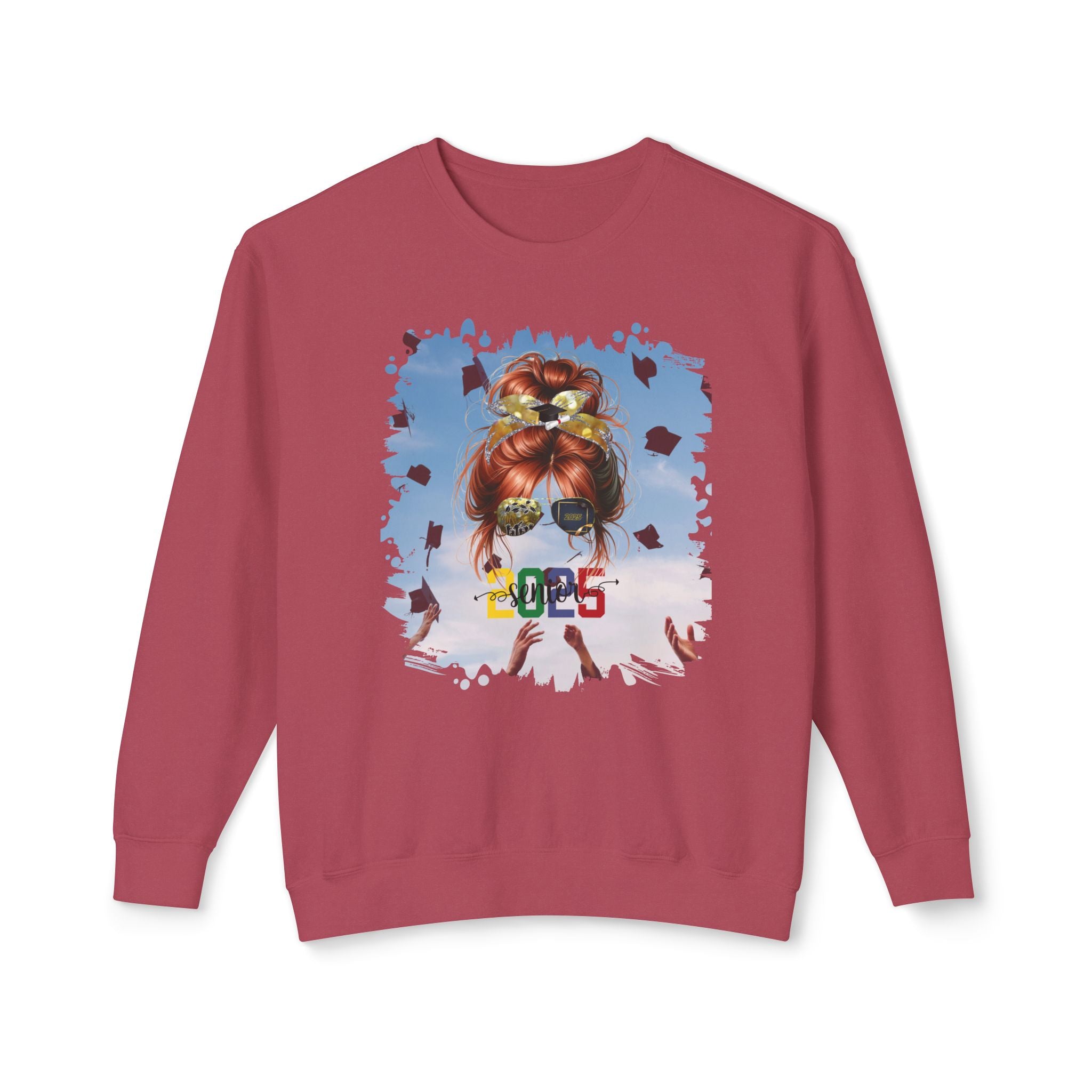 Senior 2025 Colorful, Celebration, Red Hair Messy Bun, Unisex Lightweight Crewneck Sweatshirt