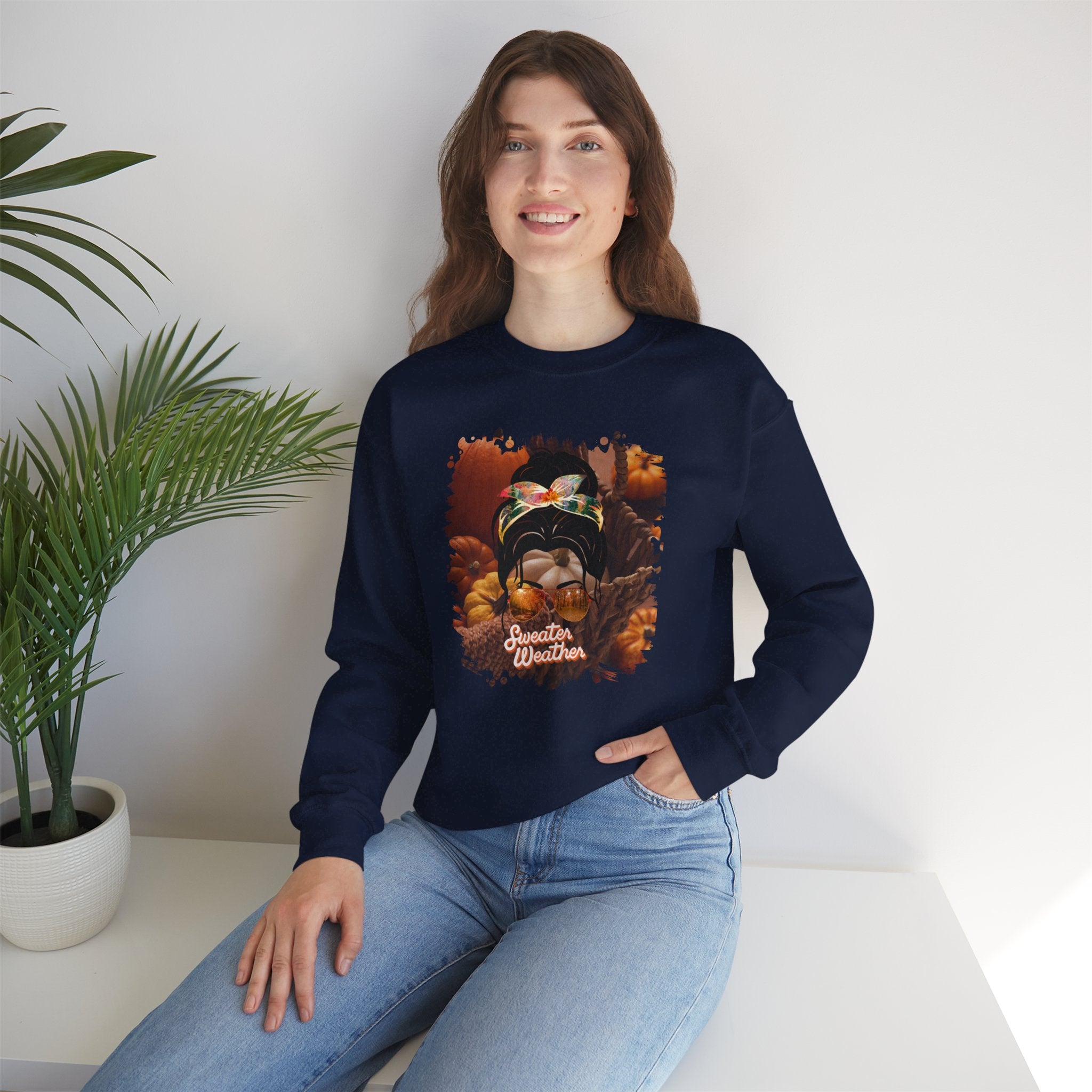 Sweater Weather Fall Pumpkins, Dark Hair Messy Bun, Unisex Heavy Blend™ Crewneck Sweatshirt