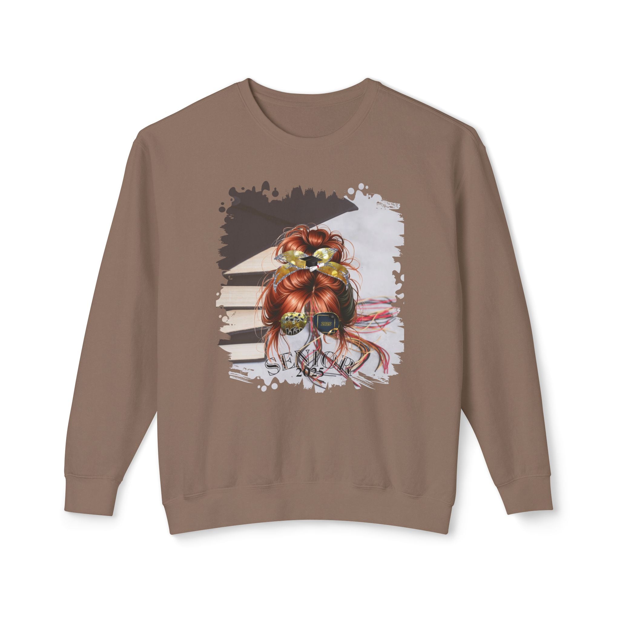 Senior 2025, Cap & Books, Red Hair Messy Bun, Unisex Lightweight Crewneck Sweatshirt
