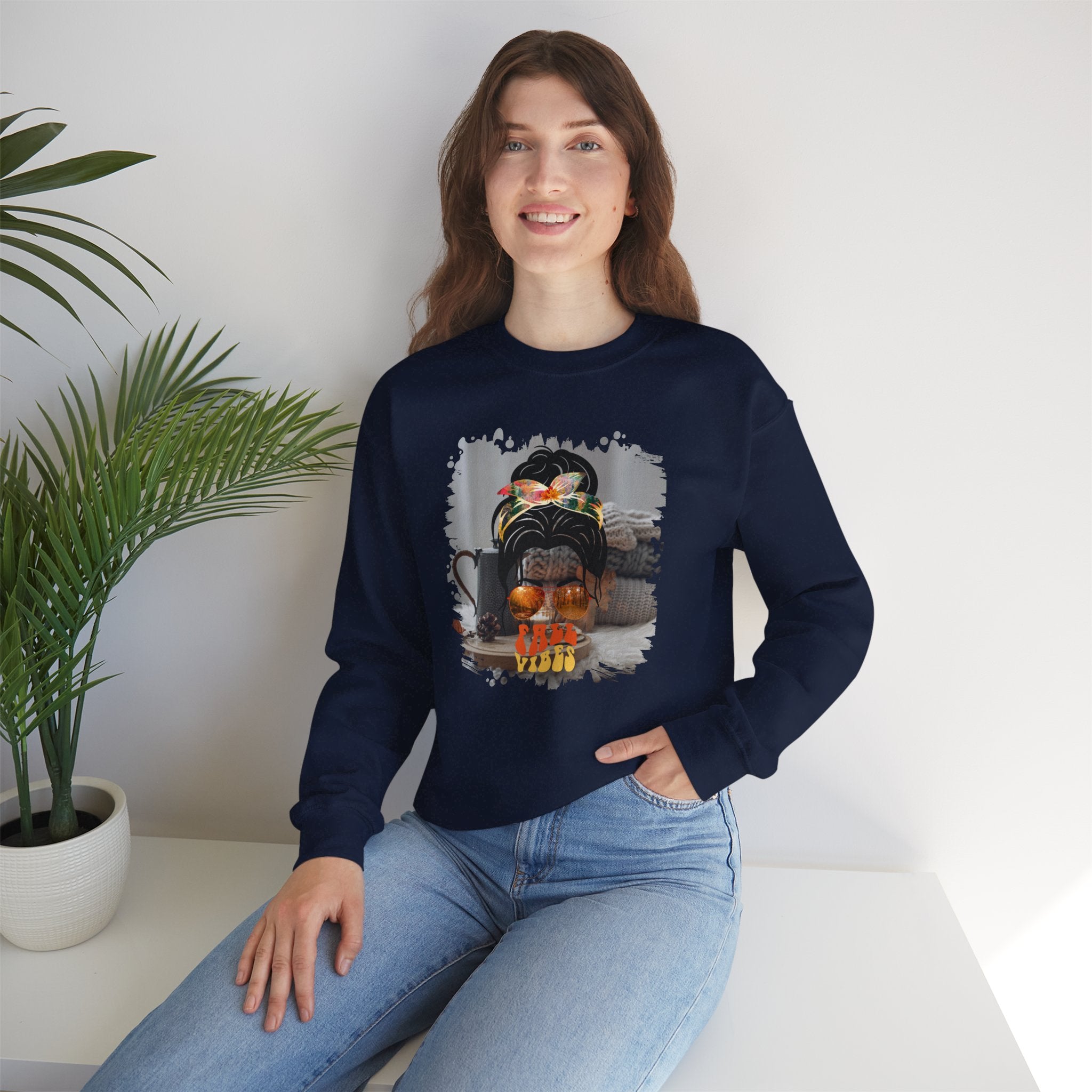 Fall Vibes Fall Sweater, Dark Hair Messy Bun, Unisex Heavy Blend™ Crewneck Sweatshirt