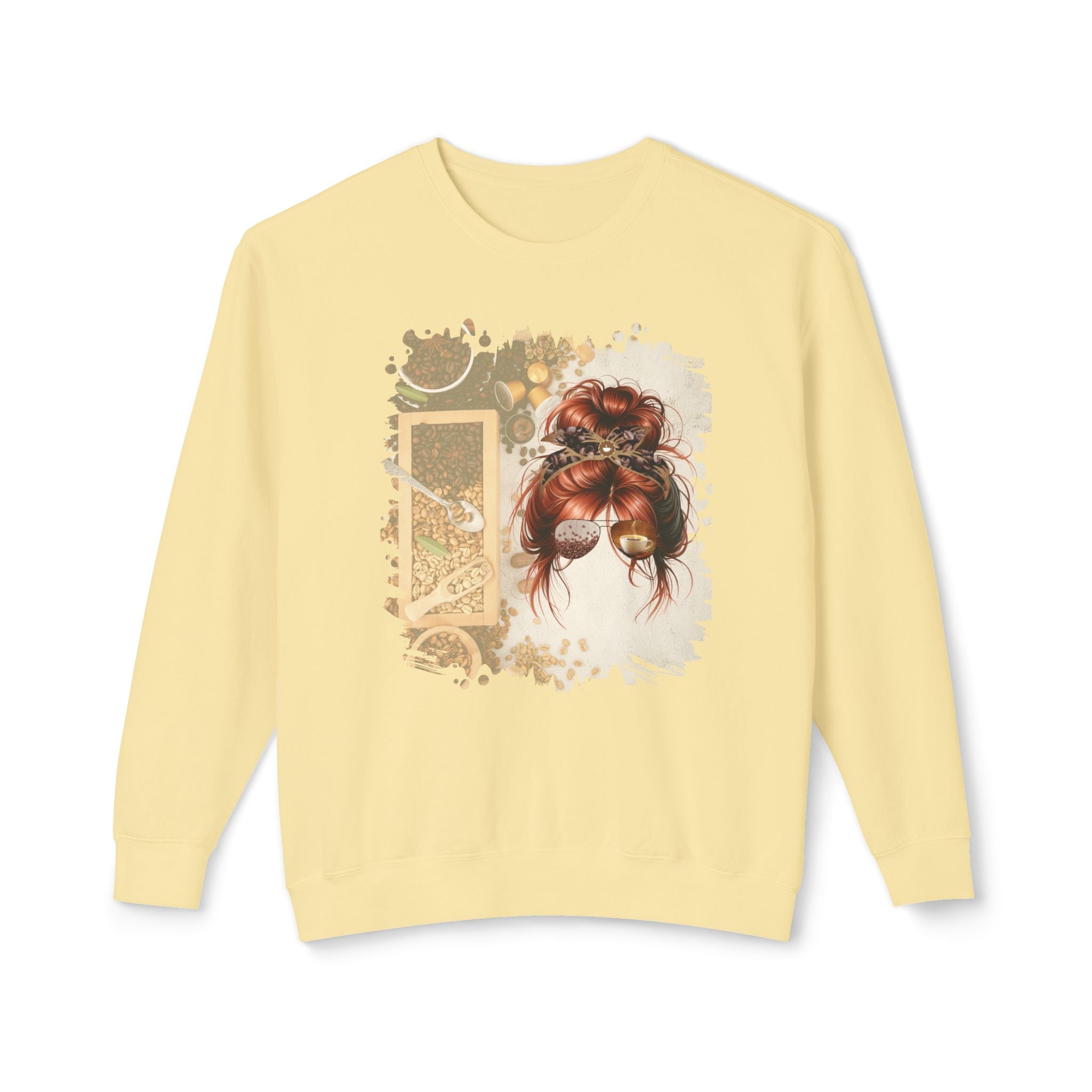 Coffee Beans Variety, Red Hair Messy Bun, Unisex Lightweight Crewneck Sweatshirt
