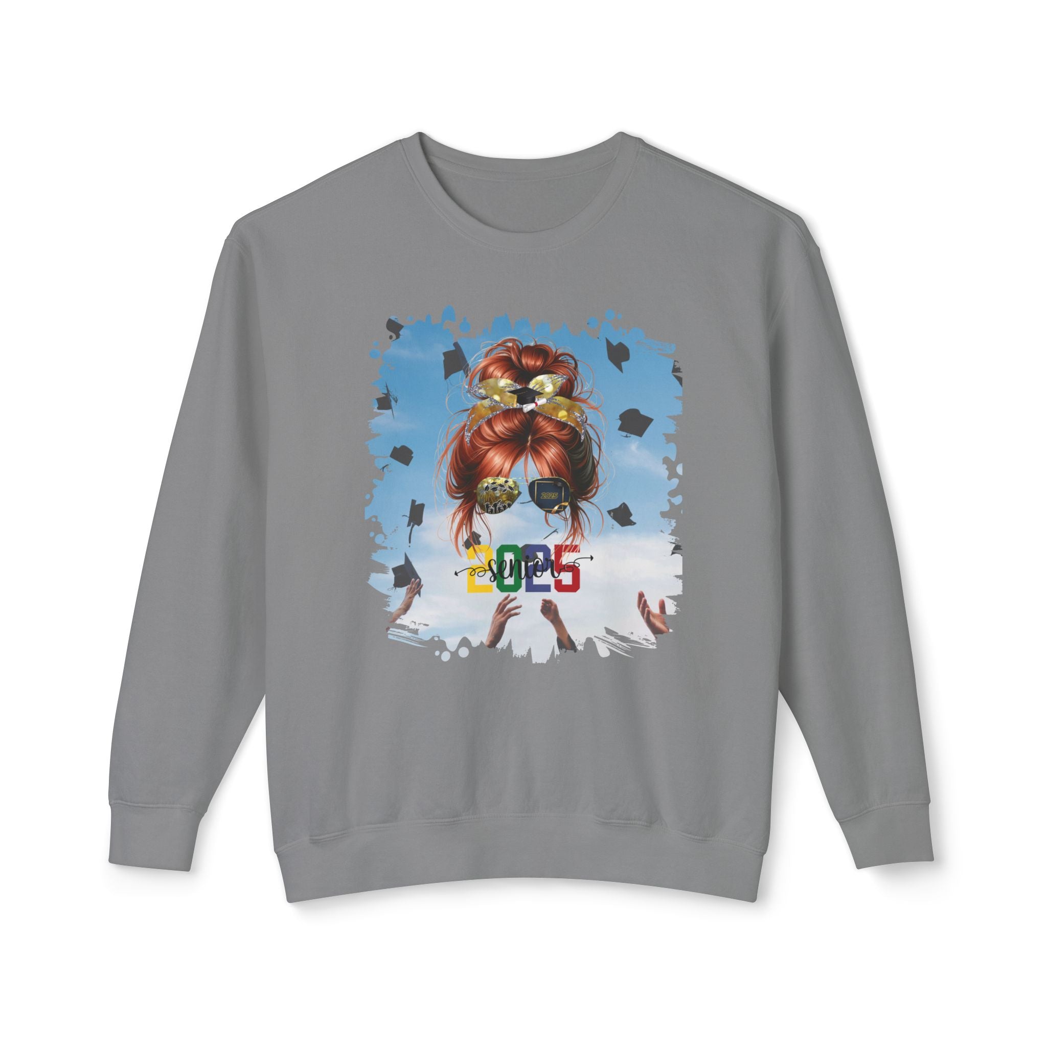Senior 2025 Colorful, Celebration, Red Hair Messy Bun, Unisex Lightweight Crewneck Sweatshirt