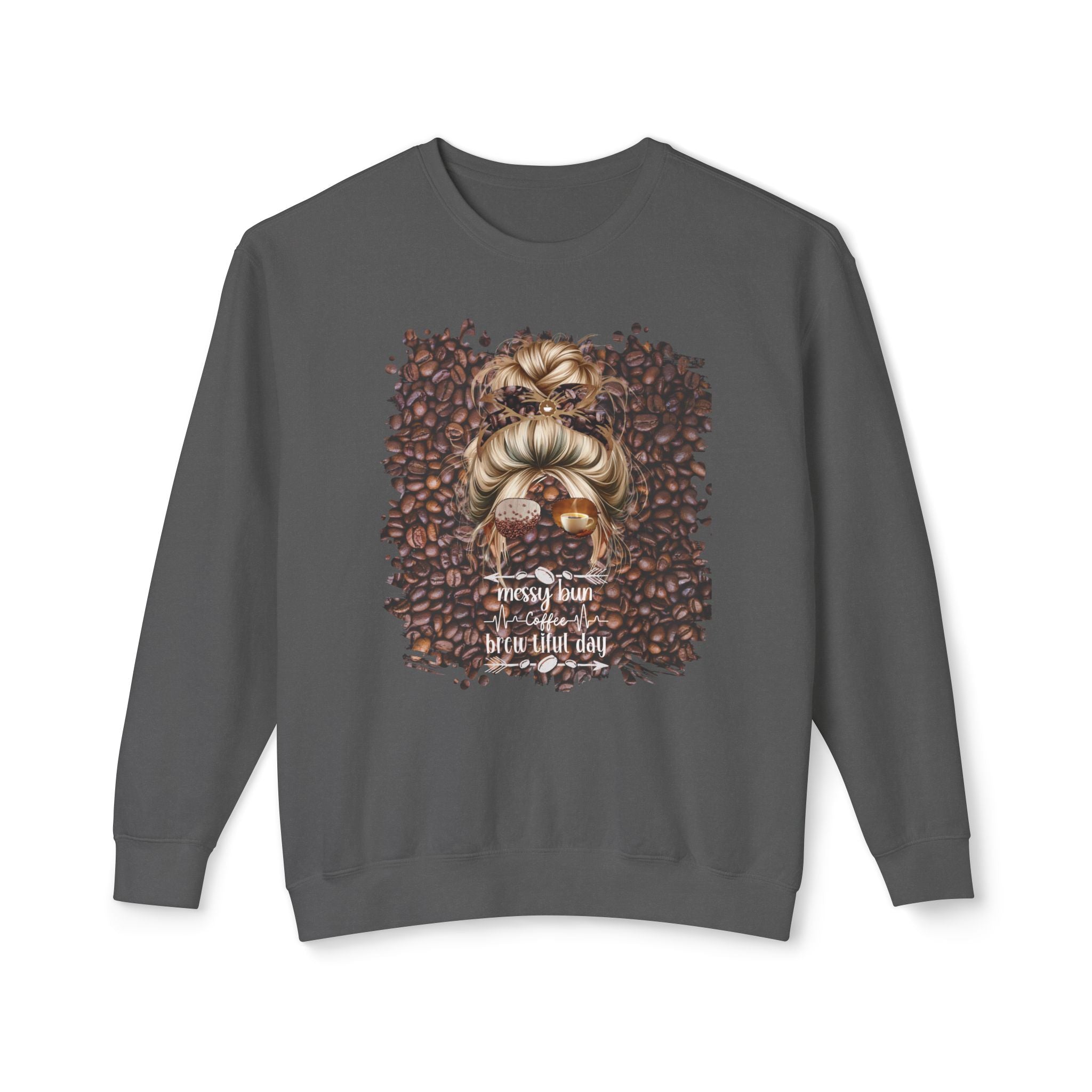 Coffee Heartbeat, Coffee Beans, Blond Hair Messy Bun, Unisex Lightweight Crewneck Sweatshirt