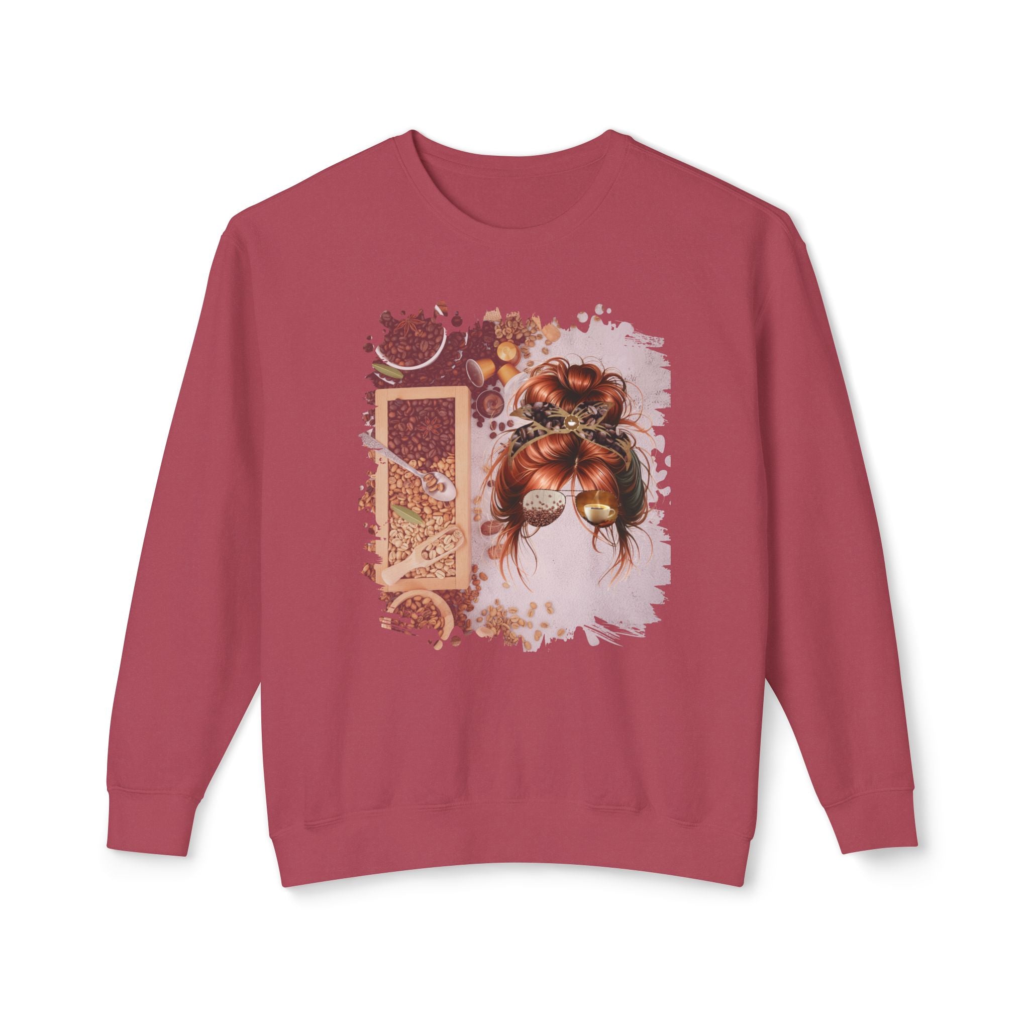 Coffee Beans Variety, Red Hair Messy Bun, Unisex Lightweight Crewneck Sweatshirt