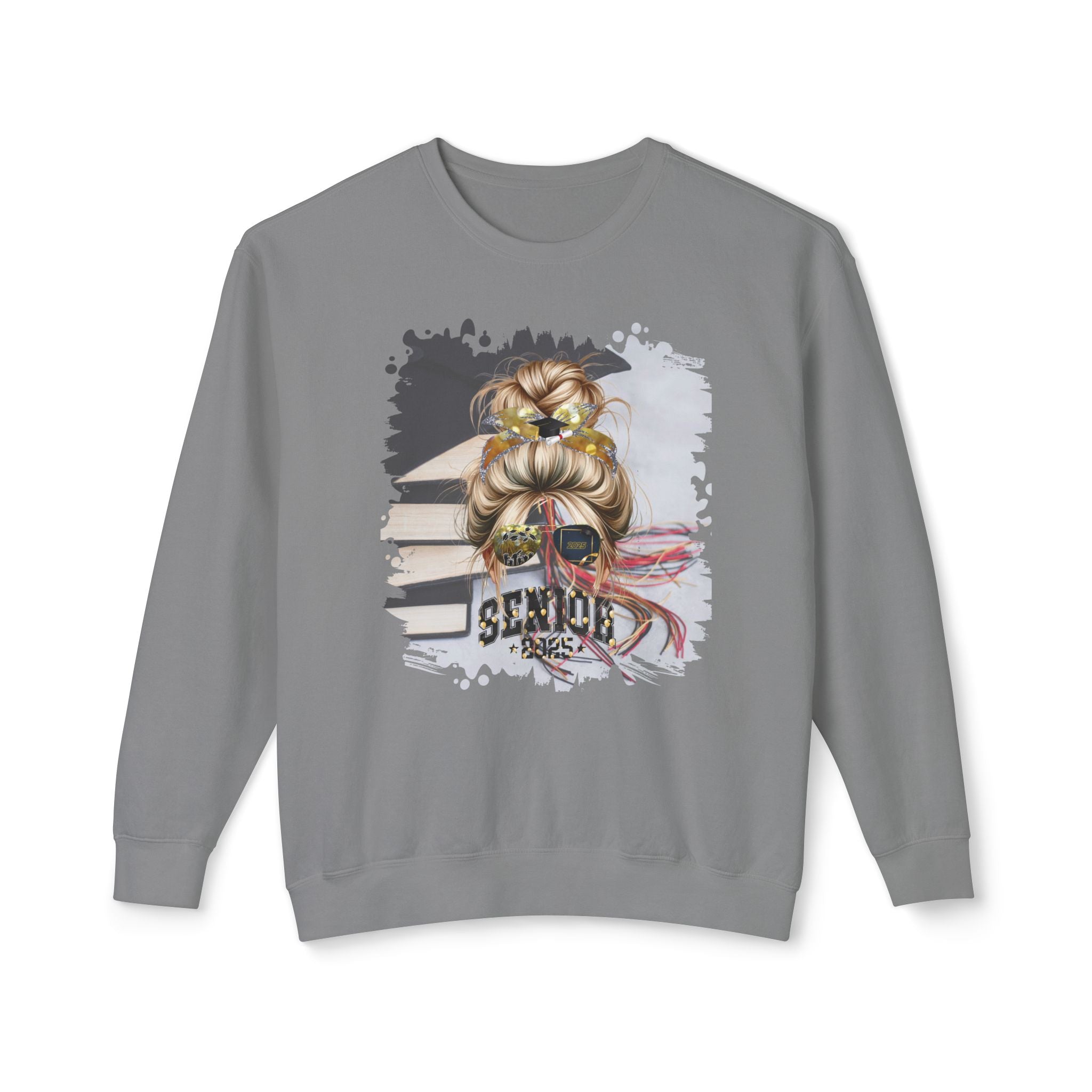 Senior 2025 Balloons, Cap & Books, Blond Hair Messy Bun, Unisex Lightweight Crewneck Sweatshirt