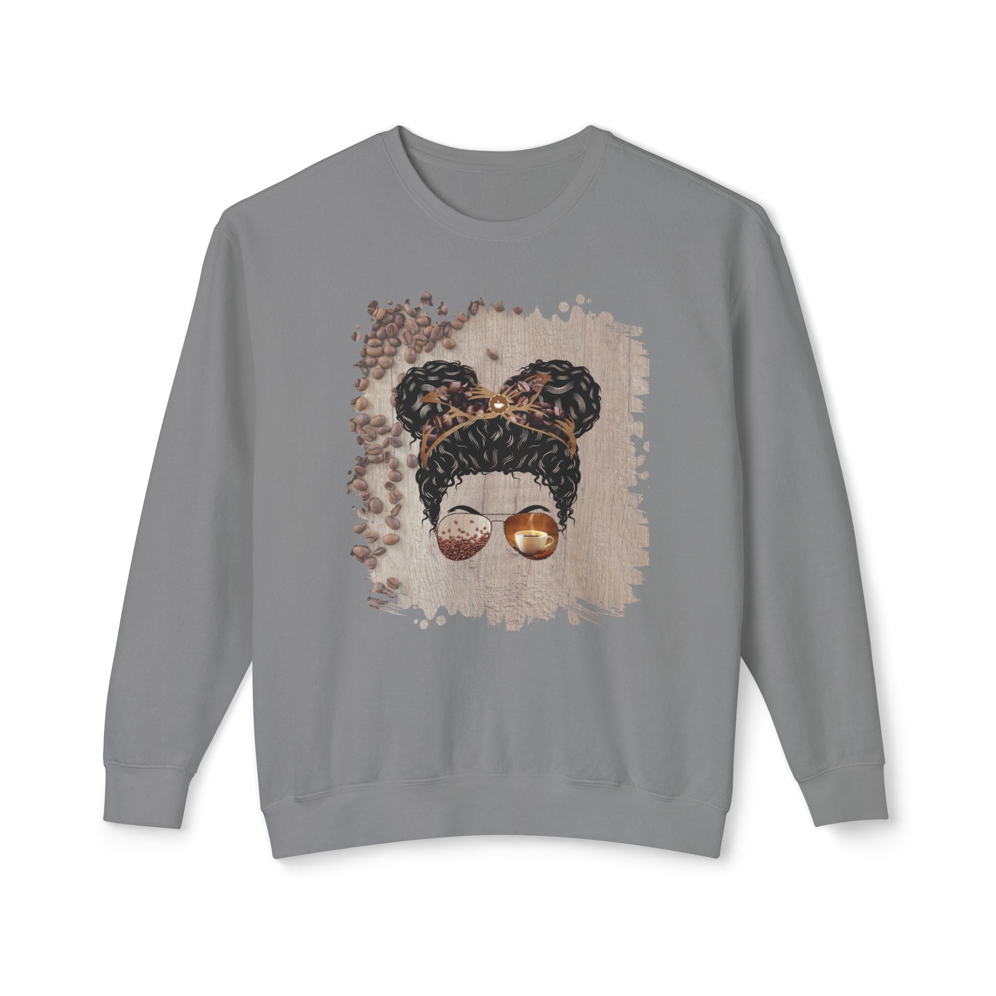 Coffee Beans Table, Black Hair Messy Bun, Unisex Lightweight Crewneck Sweatshirt