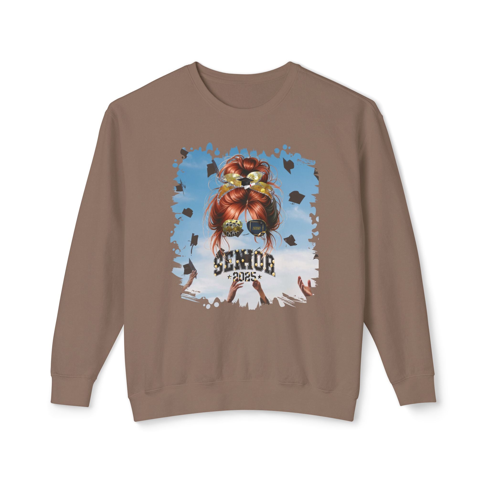 Senior 2025 Balloons, Celebration, Red Hair Messy Bun, Unisex Lightweight Crewneck Sweatshirt